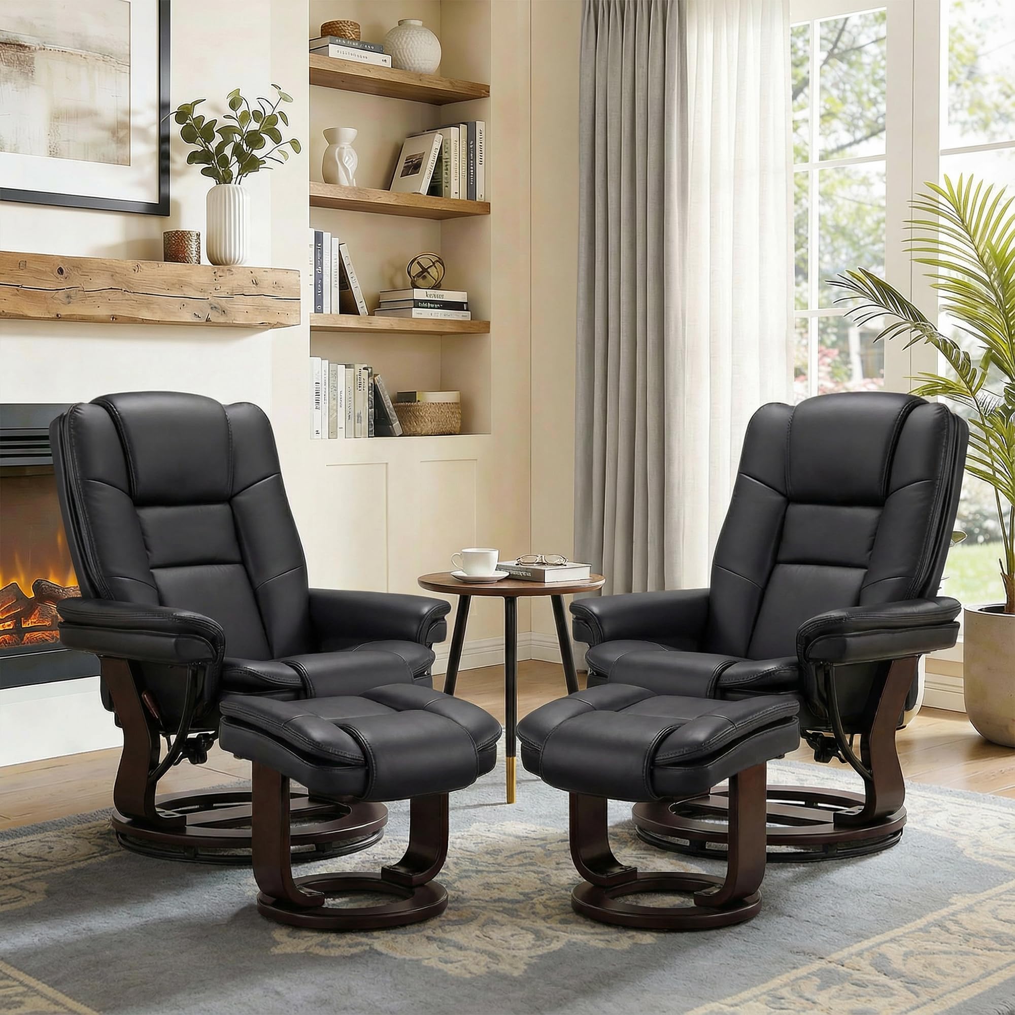 Argus Swivel Recliner with Ottoman, PU Leather & Wood Base Reclining Chair with Footrest, Ultra-Plush Double Foam for Living Room, Bedroom and Office, Set of 2
