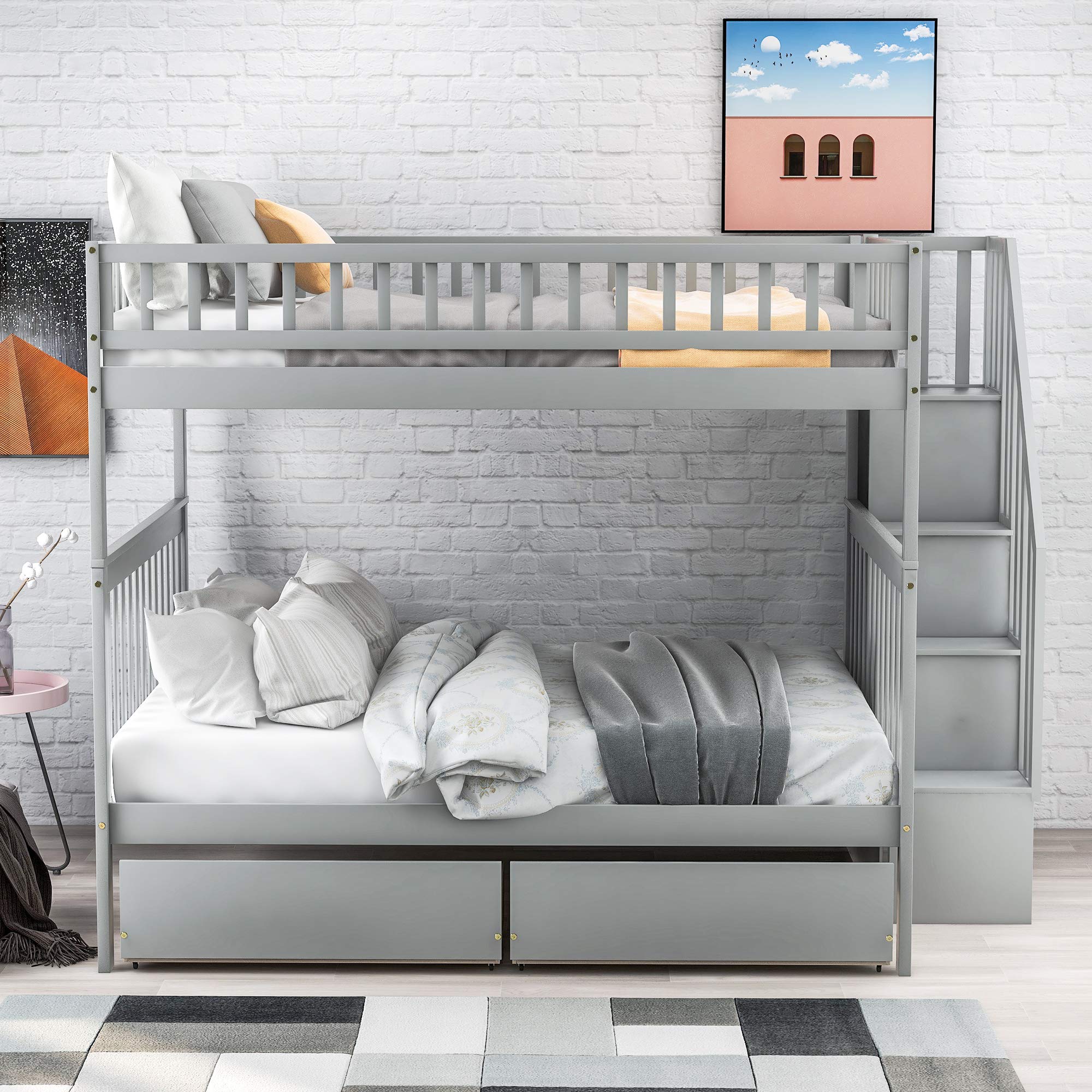 Favfurish Full-Over-Full Bunk Bed with Two Drawers and Storage,Wood Bed-Frame W/High Guardrail & Inclined Handrails,Bedroom Furniture for Children,Teens,Adults,Gray