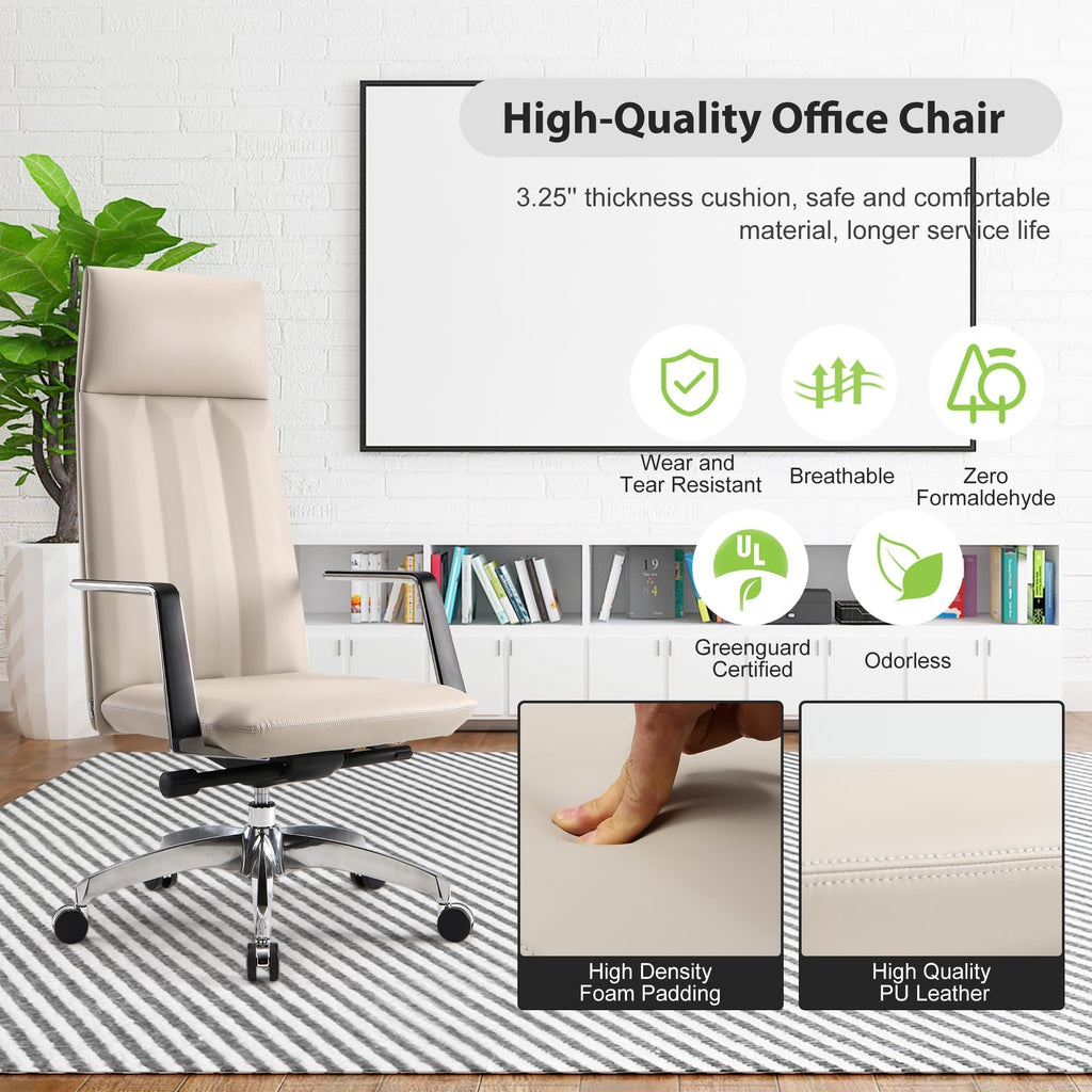 Ergonomic High Back Office Chair, Big and Tall Office Desk Chairs with Adjustable Height and Tilt Angle, Mid Century Modern Computer Desk Chair, Leather Executive Chair for Home Office(Khaki)