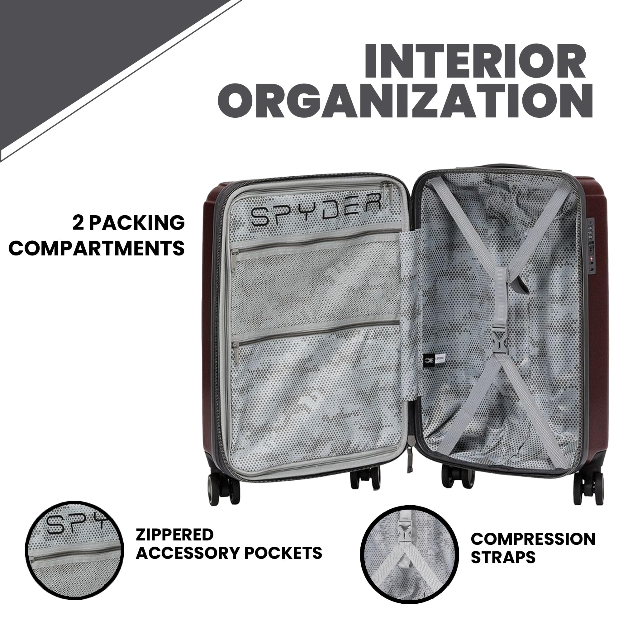 Spyder Traverse 3 Piece Carry On & Checked Suitcase Set with 360° Spinner Wheels, TSA Approved Lock (20 Inch, 25 Inch, 29 Inch), Cherry