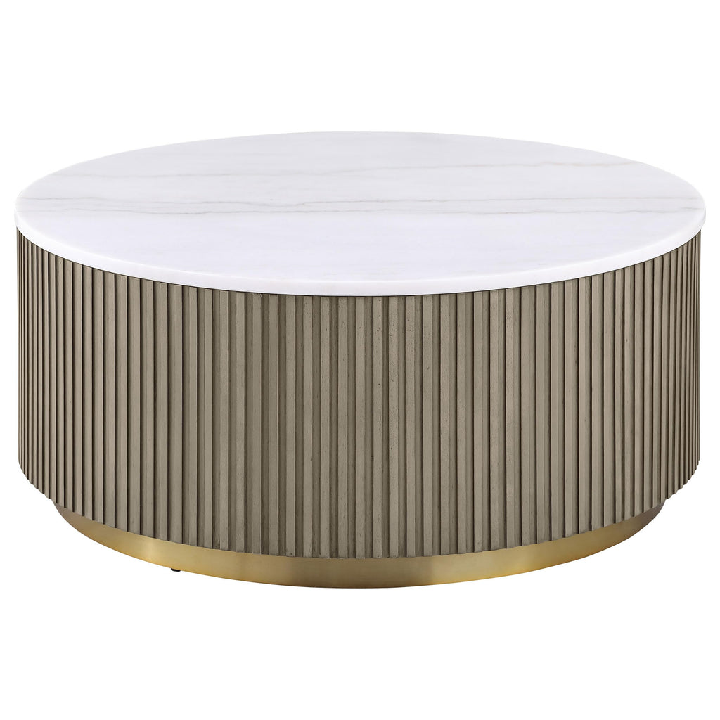 Coaster Home Furnishings - Jason - Wood and Metal - 3-Piece Coffee Table Set with Marble Tops, Reeded Drum Bases, and Gold Ring Accents - Living Room - Greige and White Marble - 711418-S3