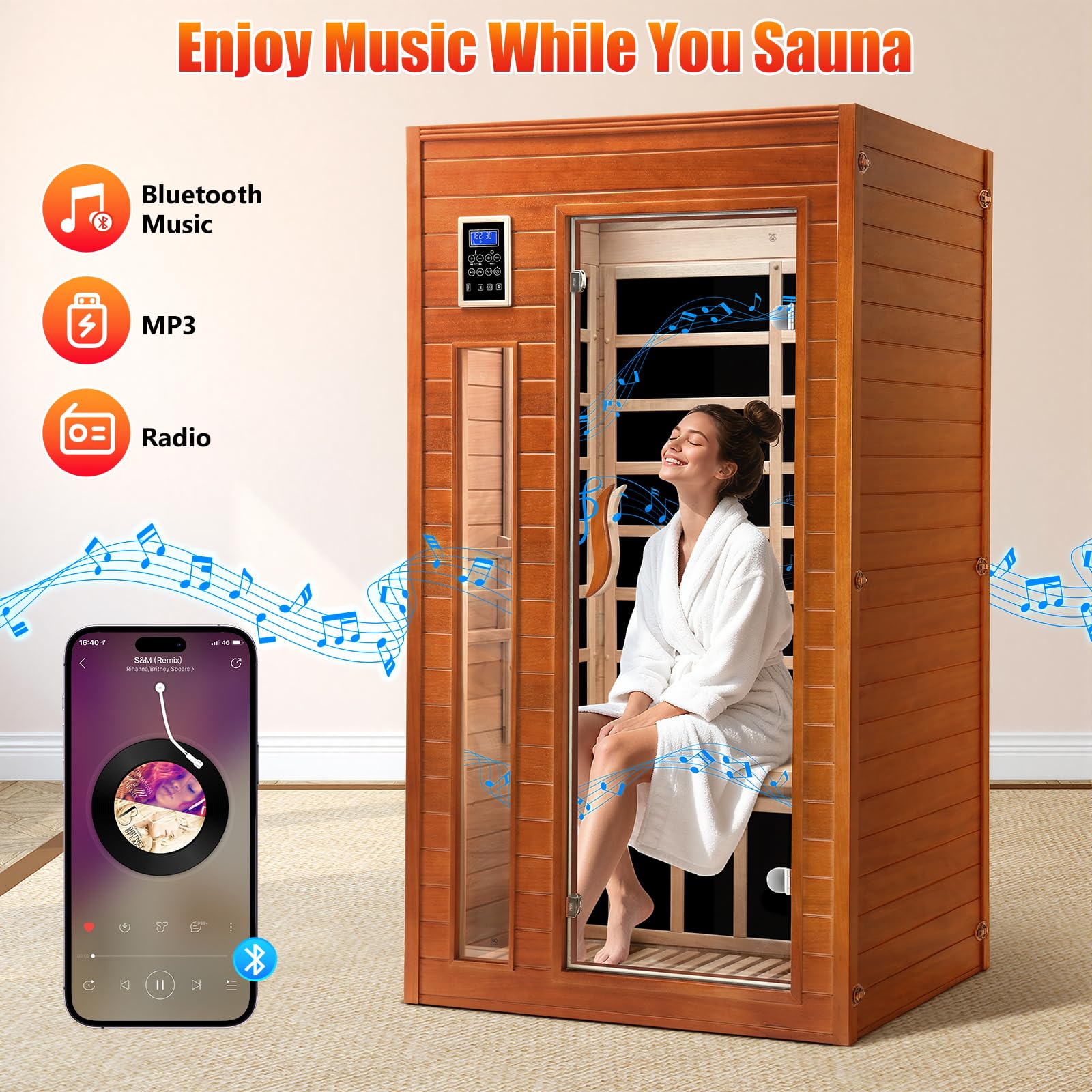 X-Vcak 1-2 Person Infrared Sauna, Dry Heat Sauna with Red Light Therapy, Bluetooth, Radio, 7-Color Therapy Light for Home, Indoor, Gym, Wellness Center, 40″ x 36″ x 73″, Brown