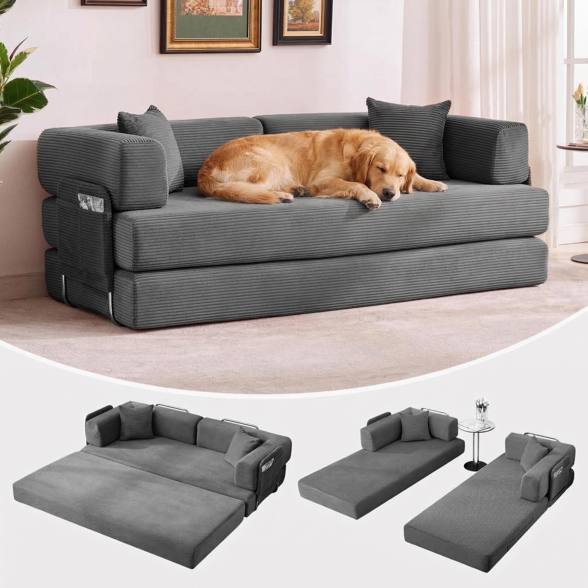 IDEALHOUSE Convertible Sofa Bed 5-in-1, 78.8 Inch Folding Futon Couch with Pull Out Bed, Corduroy Upholstered No-Assembly Loveseat Sleeper for Living Room, Bedroom, Lounge, Grey
