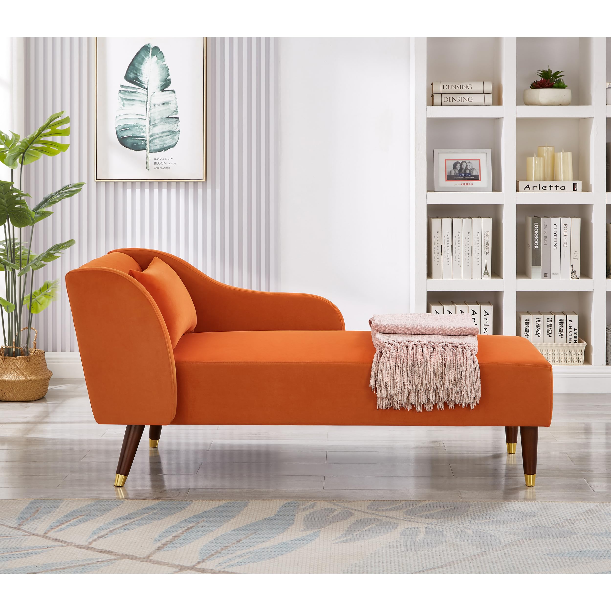 GDFStudio Upholstered Chaise Lounge Chair Indoor, Modern Velvet Recliner Lounge Chair with Removable Pillows, Gold Wood Legs, Backrest & Armrest, Reading Chaise Chair for Living Room Bedroom, Orange