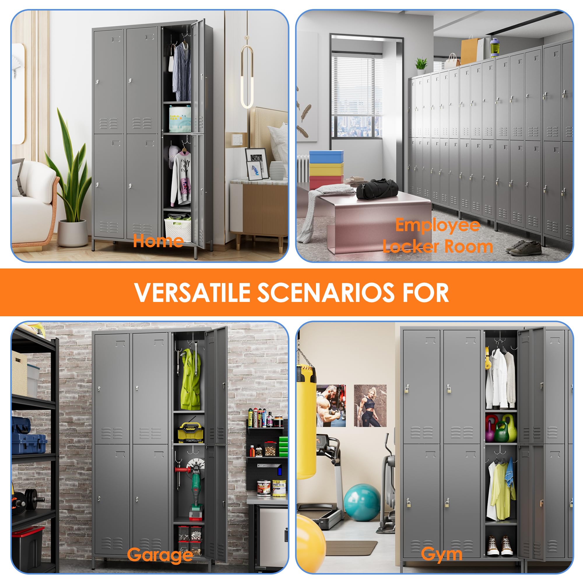 6 Door Metal Storage Locker for Employees,Heavy Duty Steel School Locker with Adjustable Shelves and 18 Hooks,Metal Lockers for Office,Gym,Home,72"H x 35.4"W x 15.75"D,Dark Grey,Assembly Required