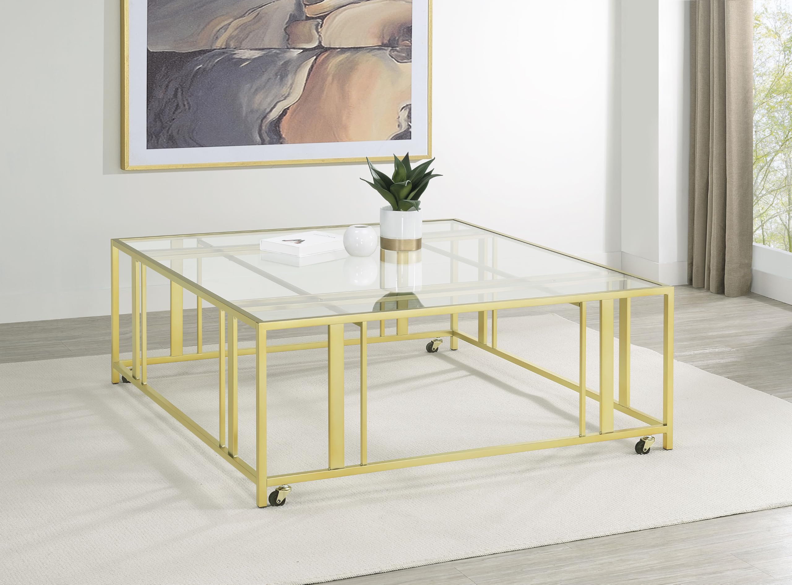 Coaster Home Furnishings - Adri - Square Glass Top Coffee Table with Geometric Base and Mobile with Rolling Casters - Contemporary - Living Room - Matte Brass - 710188