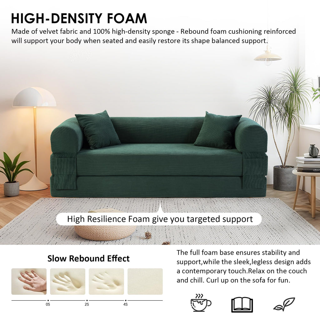 80" Convertible Sofa Bed, 3-in-1 Corduroy Folding Pull Out Couch with Pillows, No Assembly Modern Boneless Couch Compression Sofa in Box, Floor Sofa with Side Storage Pocket for Living Room,Dark Green