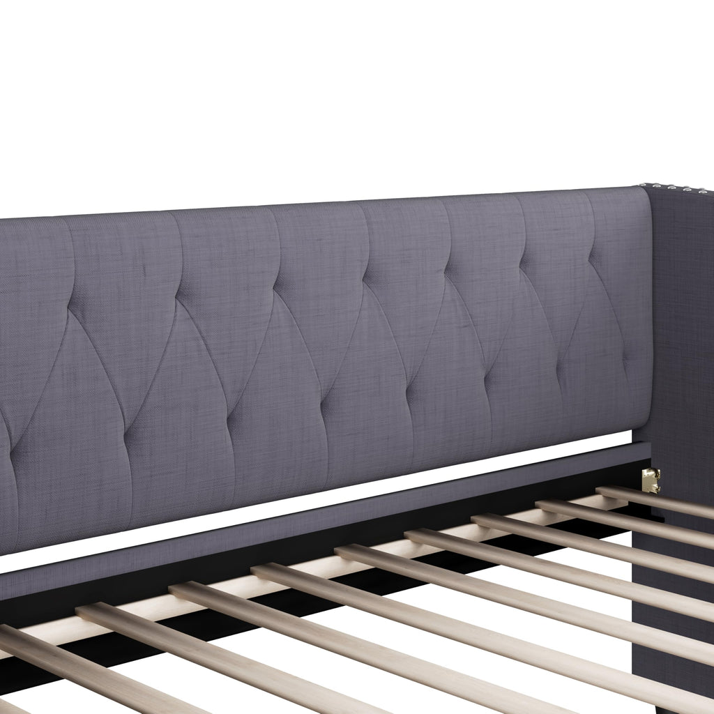 Christopher Knight Home Twin XL Daybed Frame with Two Drawers, Linen Fabric Upholstered Sofa Couch, 85’‘ Living Room Sleeper Sofa, Cozy Daybed for Bedroom, Diamond-Tufted Design, Rivet Armrests, Gray