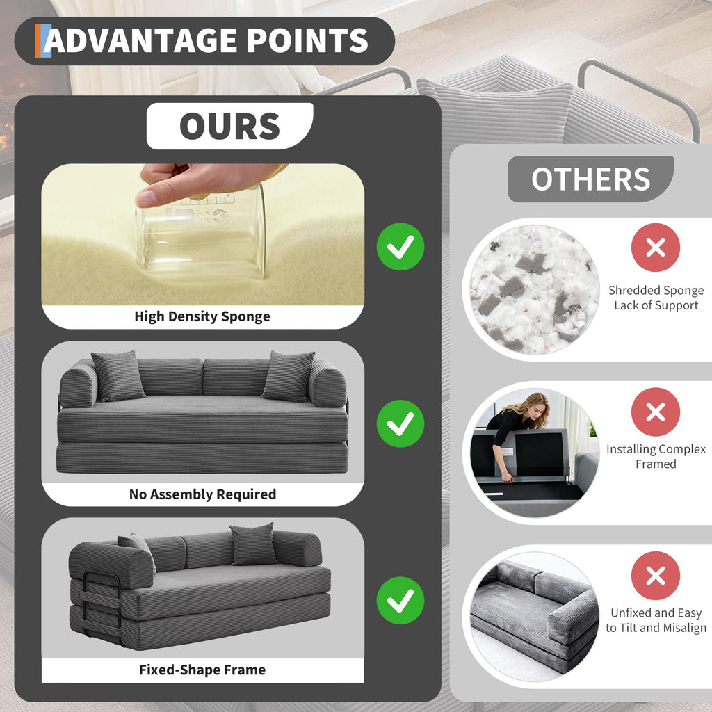 4 in 1 Convertible Sleeper Sofa Bed, 78.7" Boneless Corduroy Floor Couch with Pillows, Folding Futon Loveseat, Deep Seat Pull Out Sofa for Living Room, Apartment, Bedroom, No Assembly Required, Gray