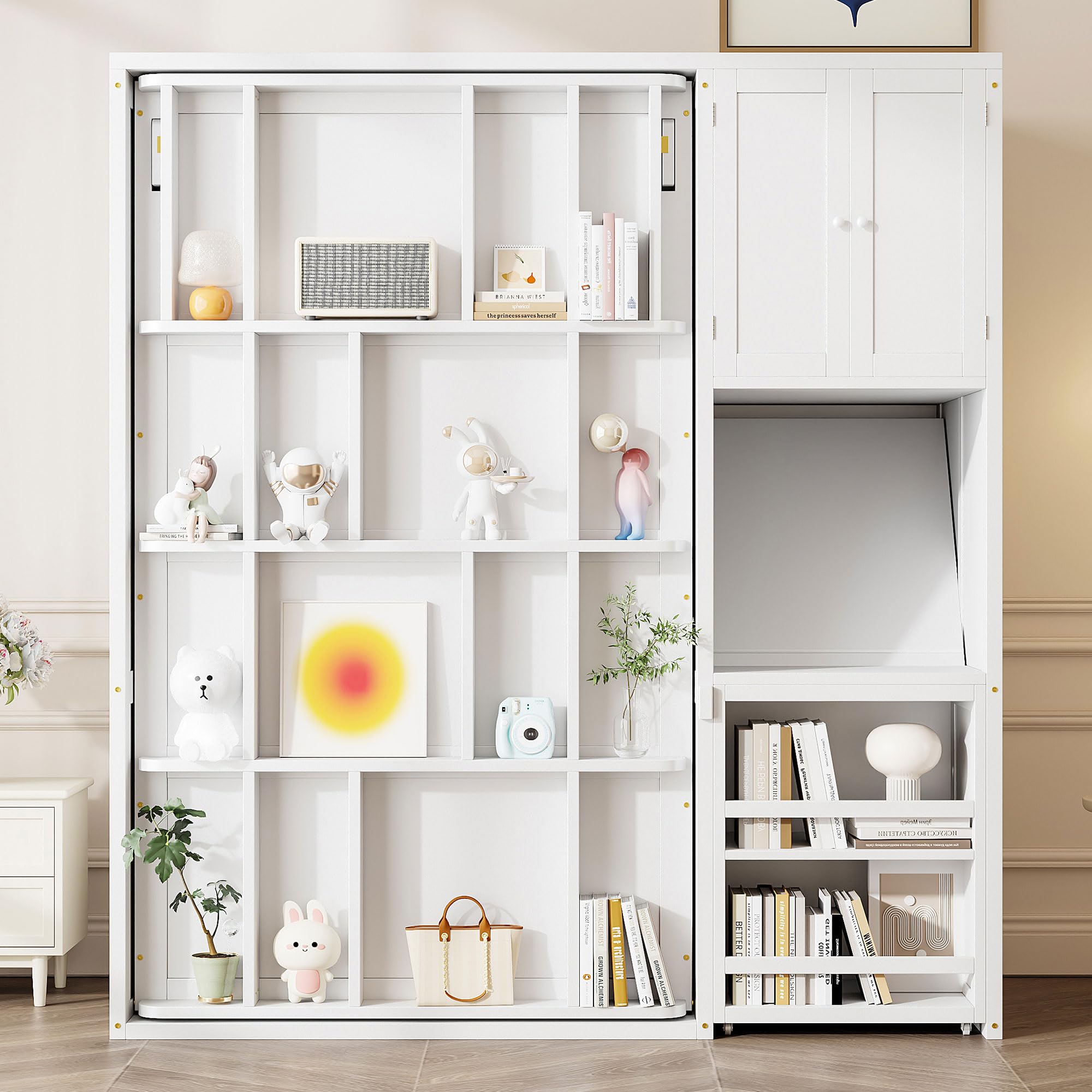 DNYN Rotating Murphy Bed with Top Cabinet and Extendable Desk for Guest/Study Room, Space-Saving Twin Size Wood Foldable Wall Bed Frame with Side Storage Shelf and Bookshelf, No Box Spring Needed