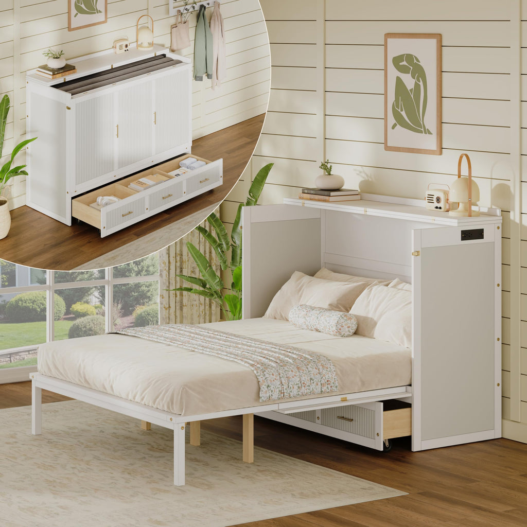 KEIKI Queen Murphy Bed Cabinet with Storage Drawers, Chest Cube Bed for Guest Room, Built-in Sockets & USB Ports, for Home Office or Small Bedroom, White