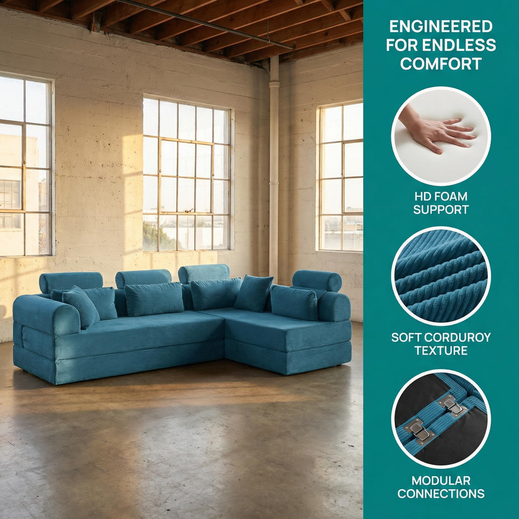 KEIKI 6-in-1 Folding Convertible High Back Sofa Sleeper, 106" Oversized Modular Sectional Corduroy Upholstered L Shape Couches for Living Room, Deep Cushion for Open Concept Living, Grayish Green