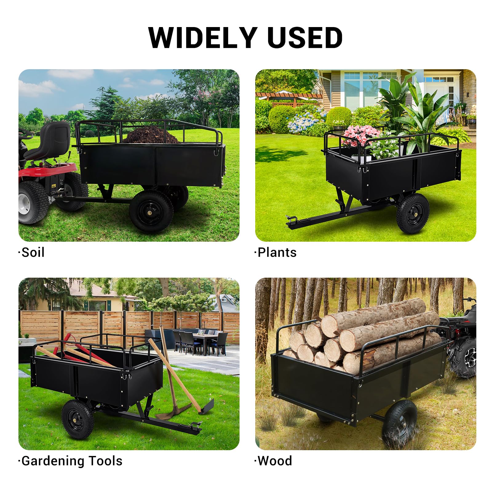 Heavy Duty Utility Dump Cart – 9000 Lbs Capacity, 15 Cu.ft Steel Trailer with Removable Sides, All-Terrain Wheels, Compatible with ATV/UTV/Lawn Tractor, Ideal for Garden, Yard, Hauling