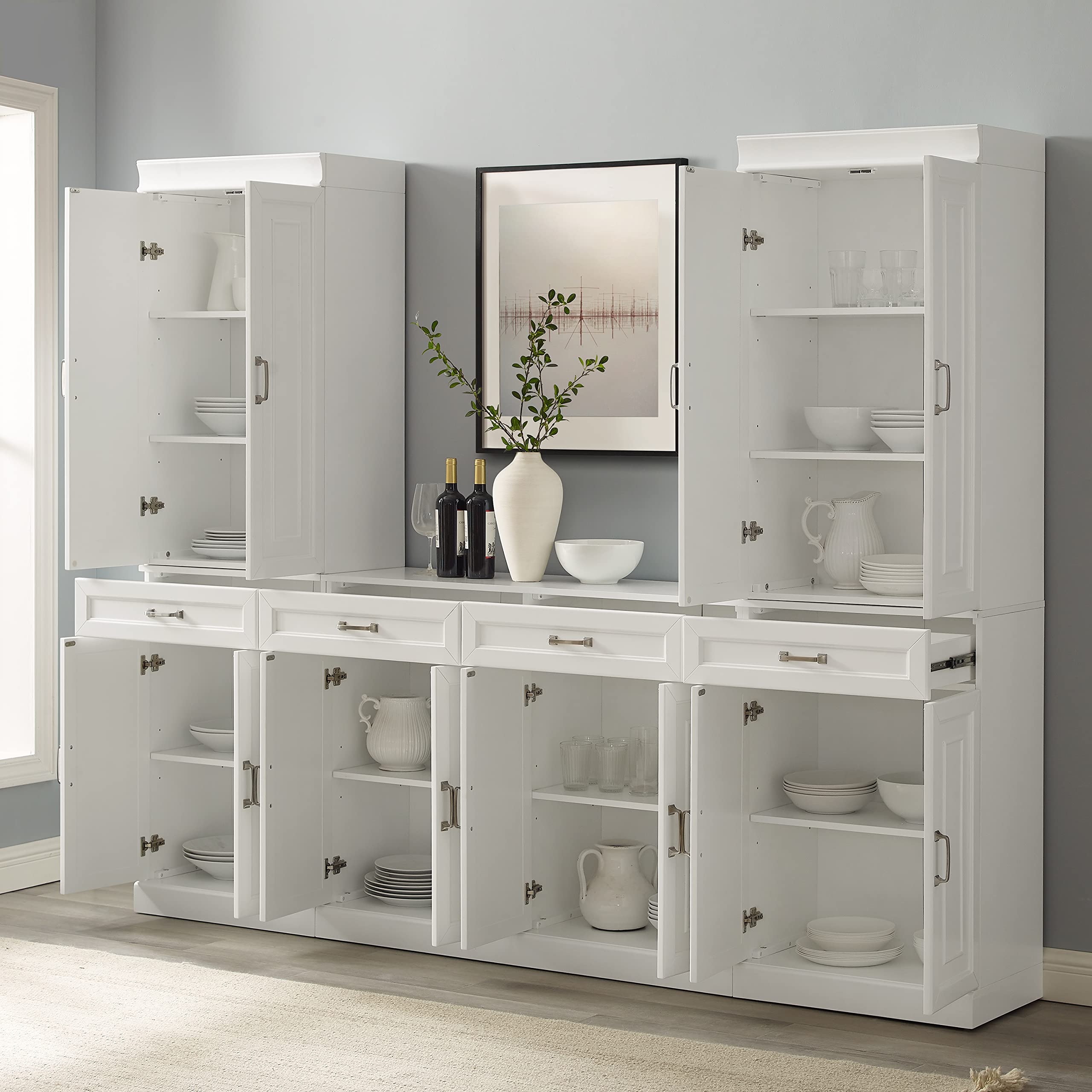 Crosley Furniture Stanton 3-Piece Traditional Sideboard Buffet Cabinet and Kitchen Storage Pantry Set, White