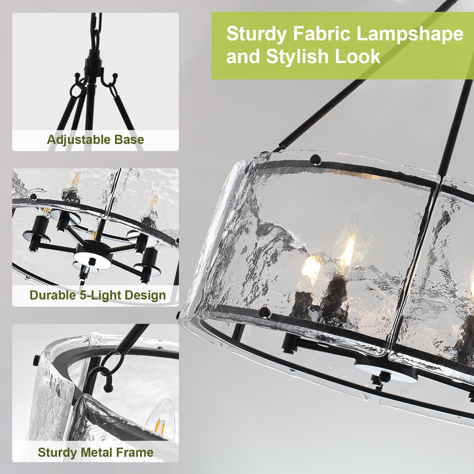Enjoy the lights 5-Light Dining Room Light Fixture, Black Modern Drum Chandelier with Textured Glass Shade, Adjustable Farmhouse Chandelier for Foyer, Entryway, Kitchen Island, Living Room