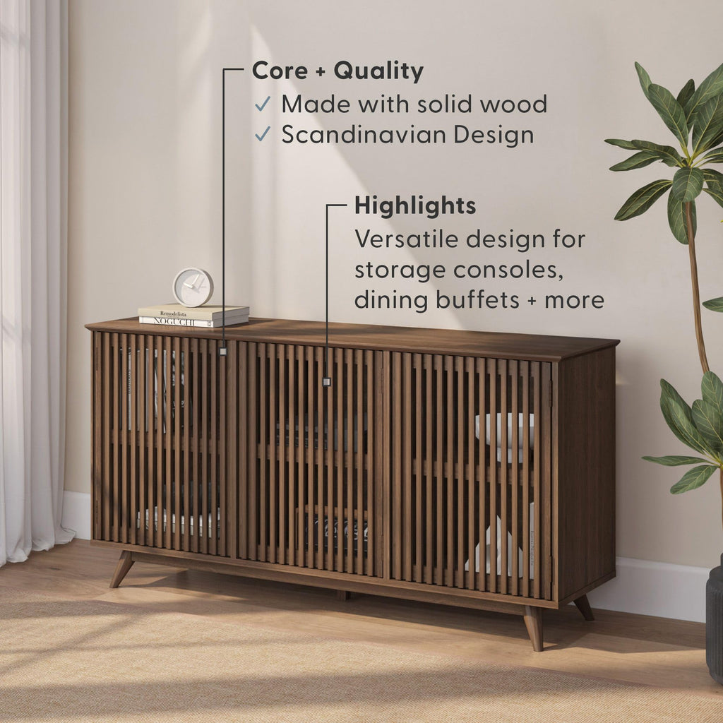 Plank+Beam Mid-Century Modern Wood TV Stand, Three Door Solid Wood Entertainment Console with Storage, 59" L x 16" W x 30" H, Walnut