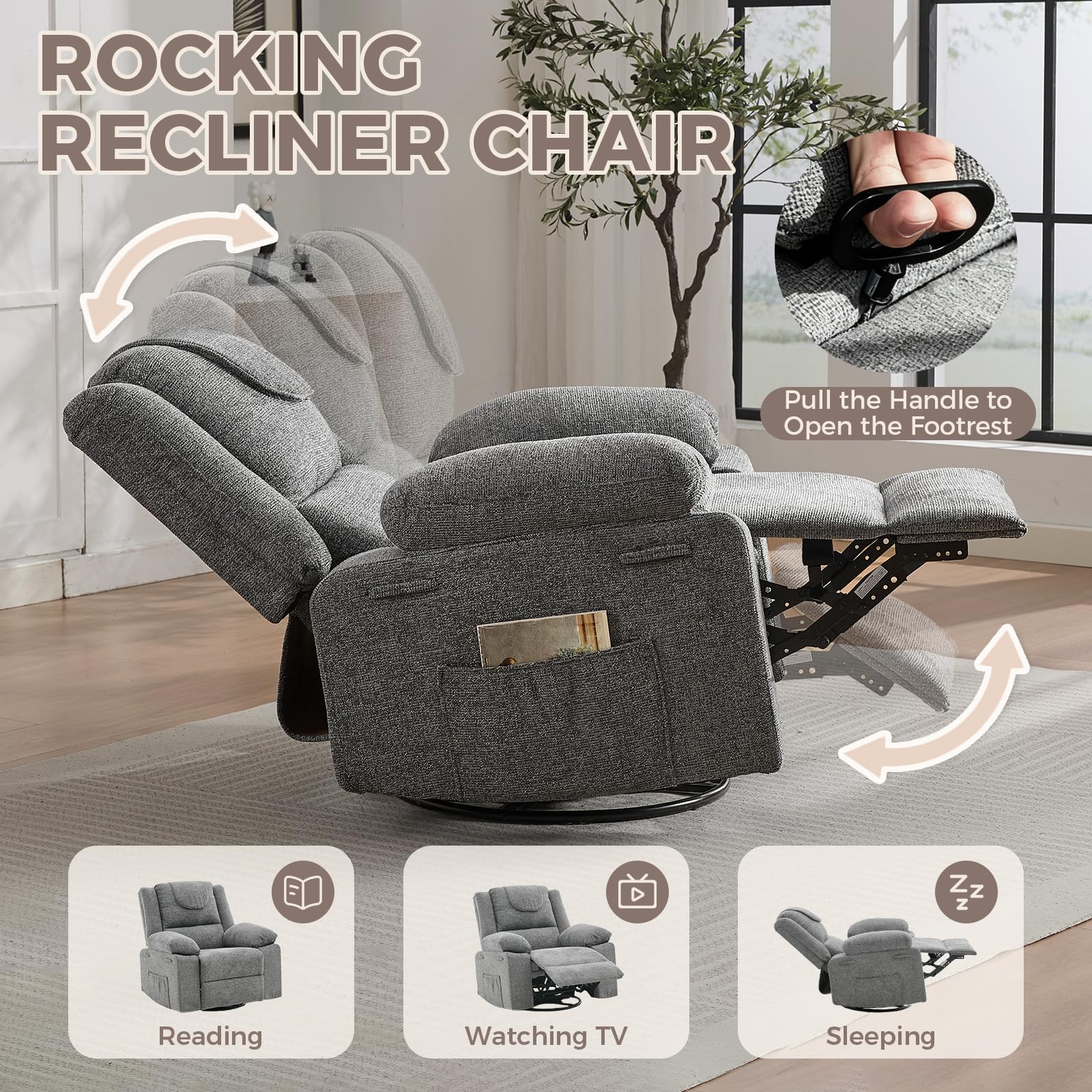 Adults Oversized Rocking Nursery Glider Recliner Chair,360° Swivel Rock Recliner Chairs Single Sofa with Vibration Massage and Heating for Living Room/Bedroom,Grey