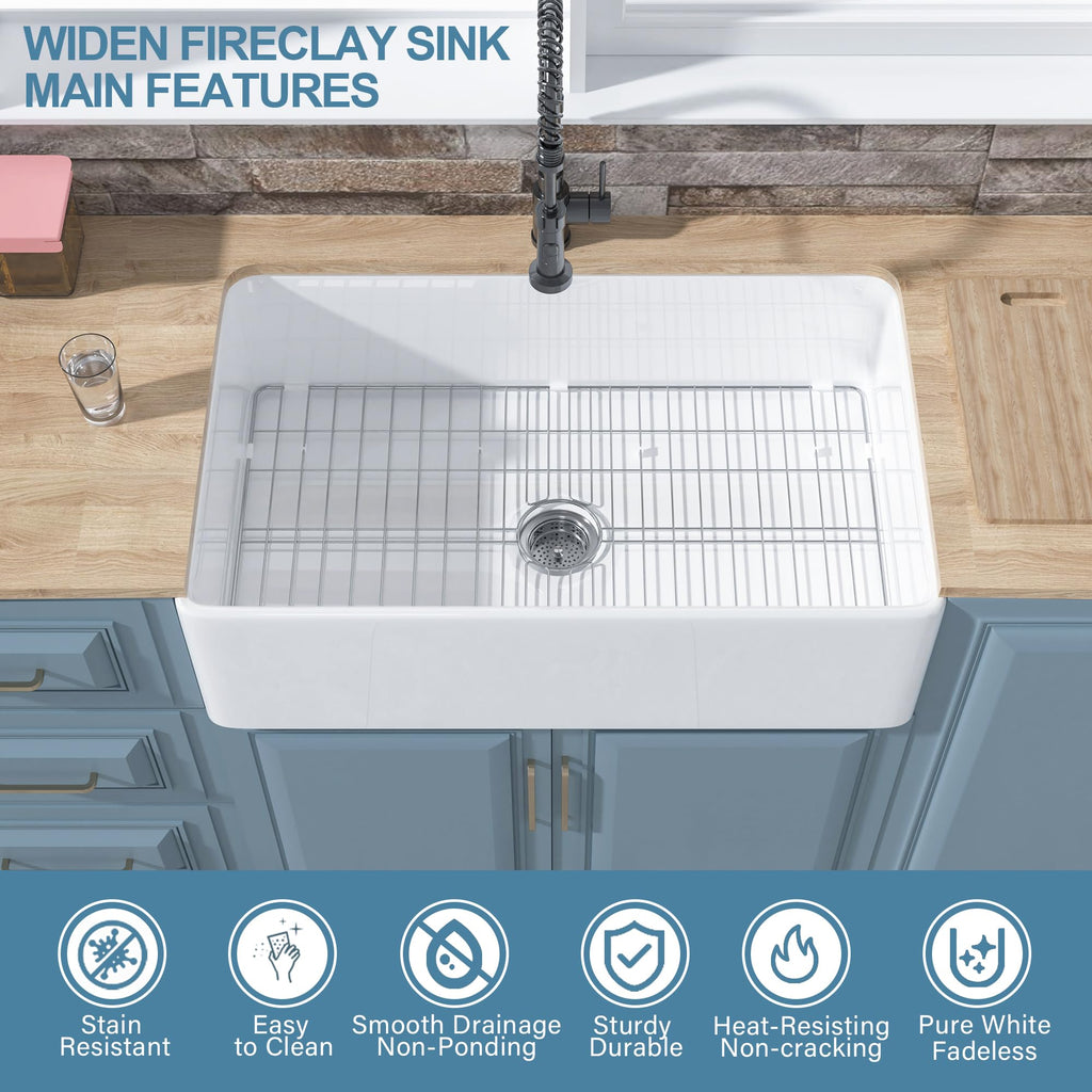 HOMLYLINK White Farmhouse Sink 33 x 20 Inch, Large Firecaly Apron Front Undermount Farm Sink Heavy Duty Deep Single Bowl, with Custom Accessories 2 Types, Pure White, for Kitchen