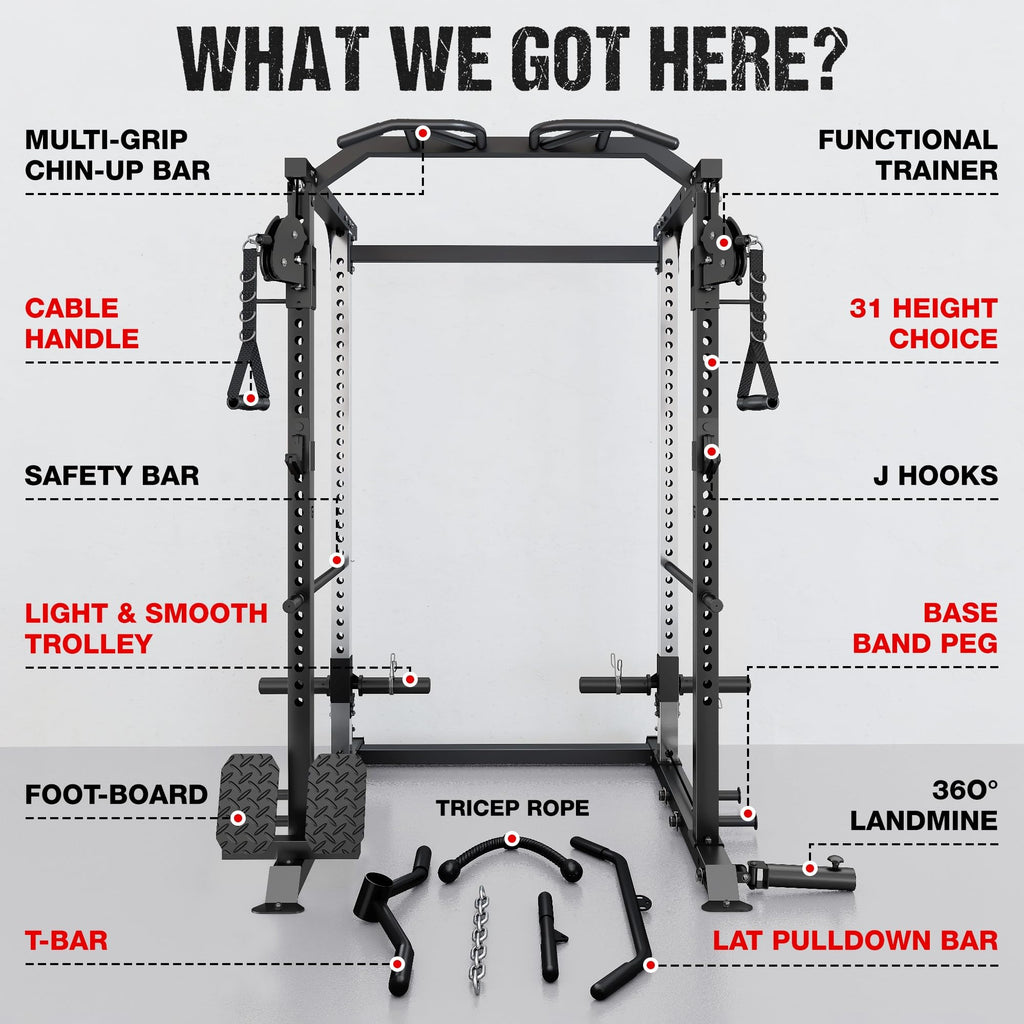 GOIMU DP01 Power Cage, 2000LBS Squat Rack with with Cable Crossover and Dual Independent Pulley System, Full Cage for Full Body Training, Power Rack with More Training Attachments for Home Gym(BK-Pro)