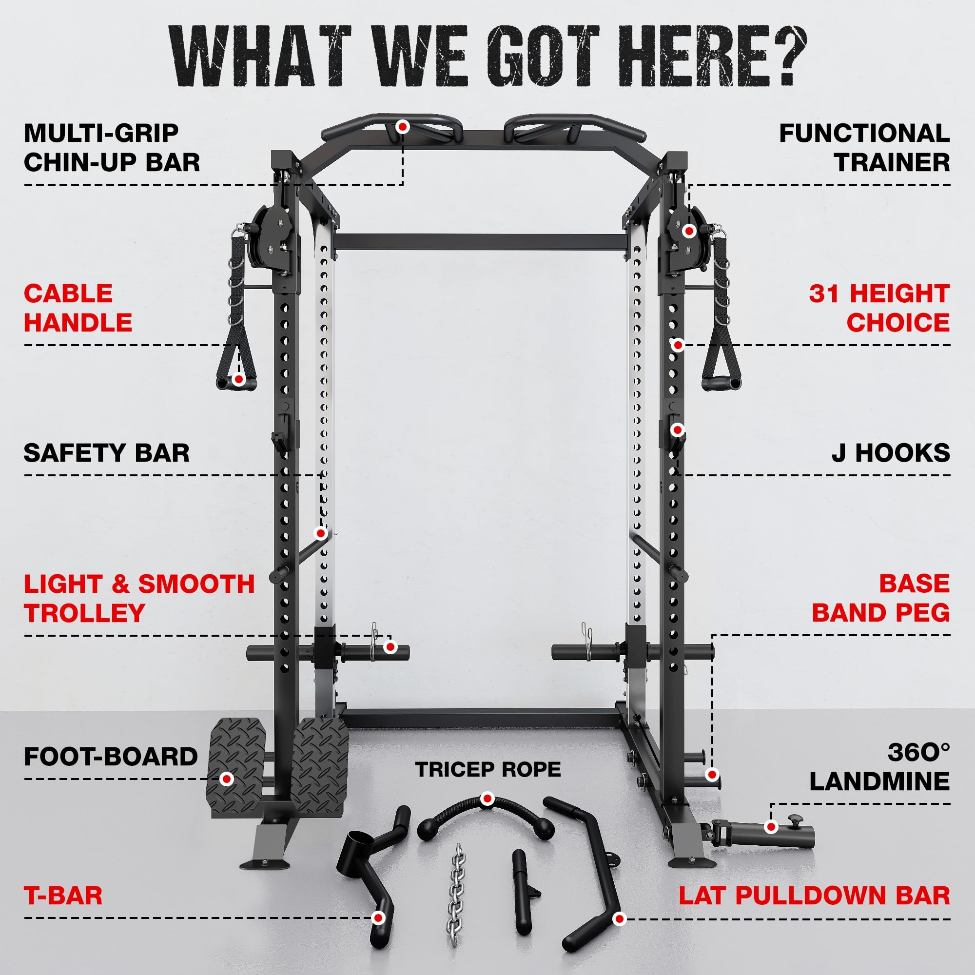GOIMU DP01 Power Cage, 2000LBS Squat Rack with with Cable Crossover and Dual Independent Pulley System, Full Cage for Full Body Training, Power Rack with More Training Attachments for Home Gym(BK-Pro)