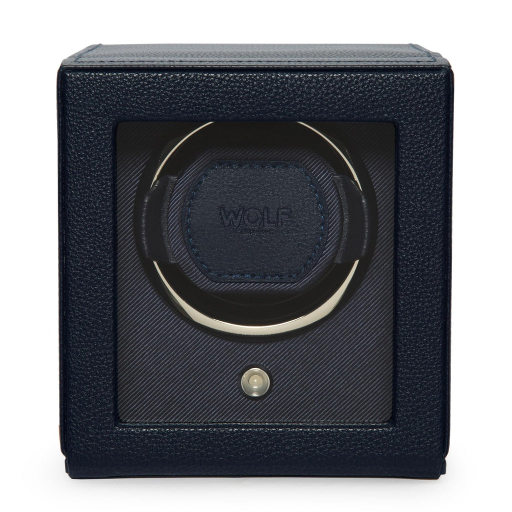 Wolf Cub Single Watch Winder with Glass Cover, Navy - Secure Fit with Patented Lock-in Dynamic Cuff - Accommodates All Wrist Sizes - Vegan Leather - Includes Universal Adapter