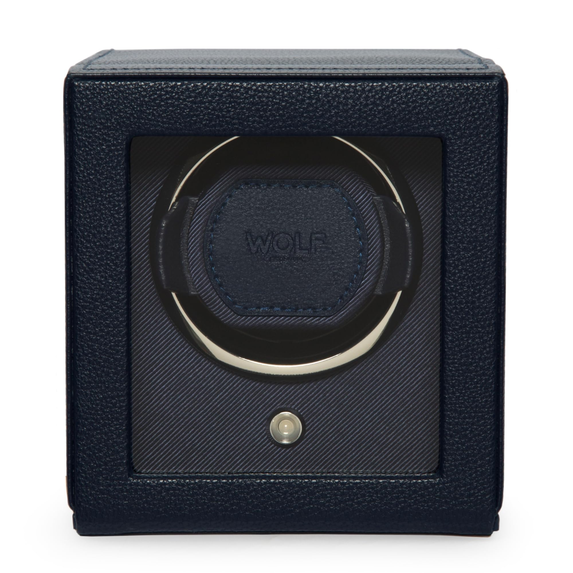 Wolf Cub Single Watch Winder with Glass Cover, Navy - Secure Fit with Patented Lock-in Dynamic Cuff - Accommodates All Wrist Sizes - Vegan Leather - Includes Universal Adapter