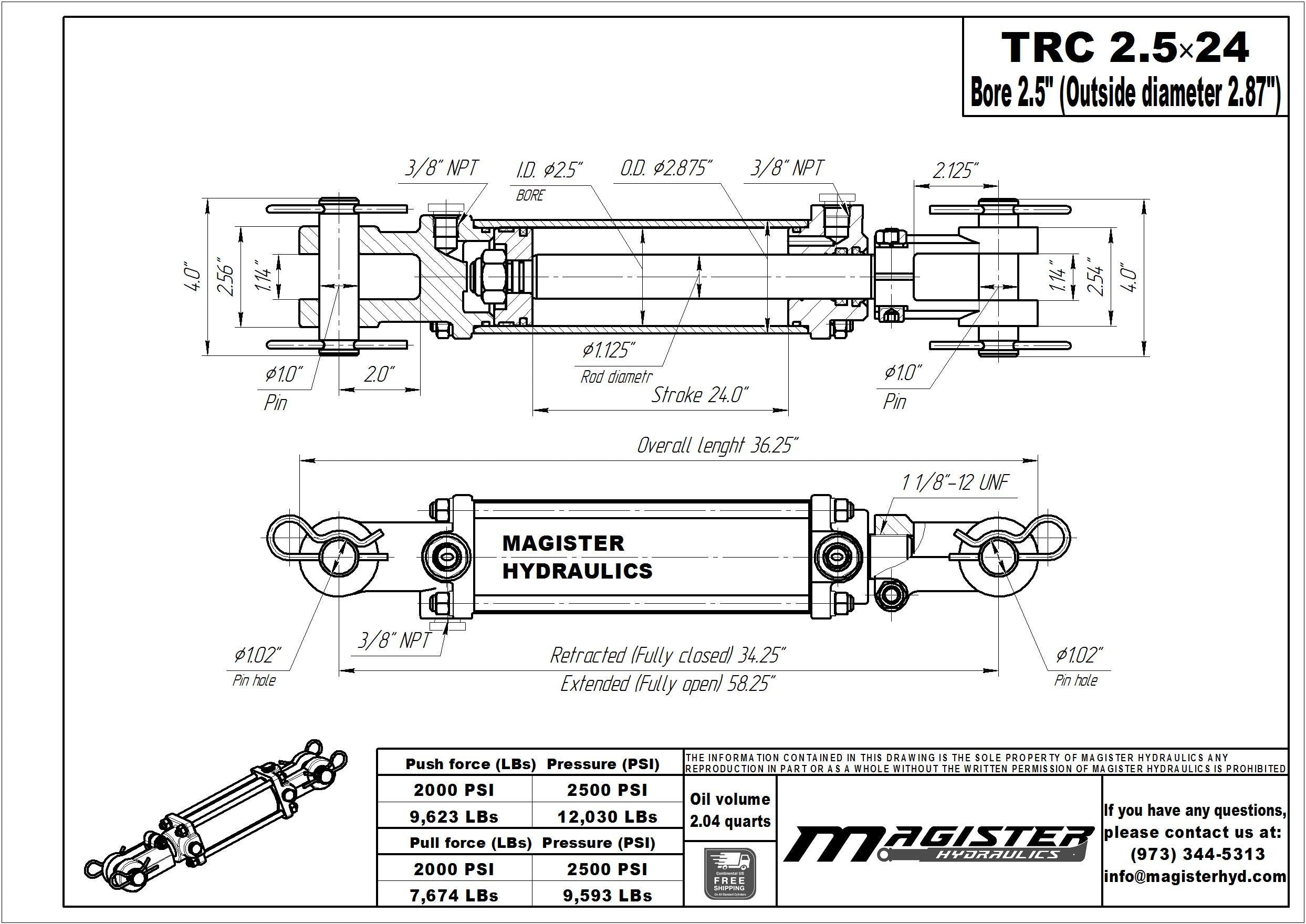 Magister Hydraulics Double Acting Hydraulic Cylinder - AG Tie-Rod Hydraulic Cylinder 2500 PSI Agriculture Standard 2.5" bore 24" Stroke (2.5x24)