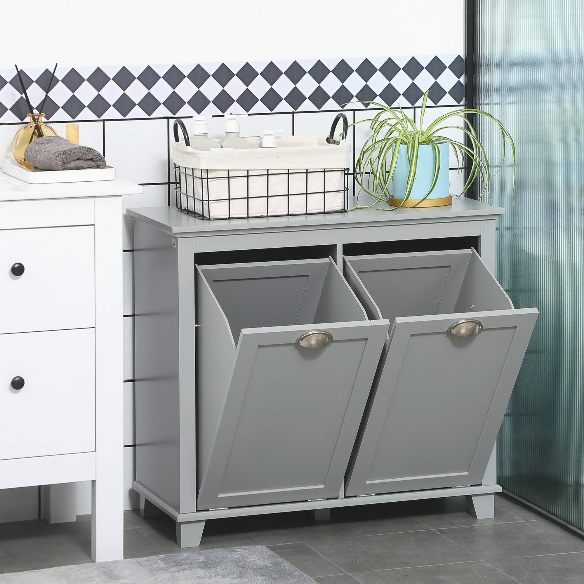 Modern Tilt-Out Laundry Sorter Cabinet, Bathroom Storage Organizer with Two-Compartment Tilt-Out Hamper,Used in Restaurants