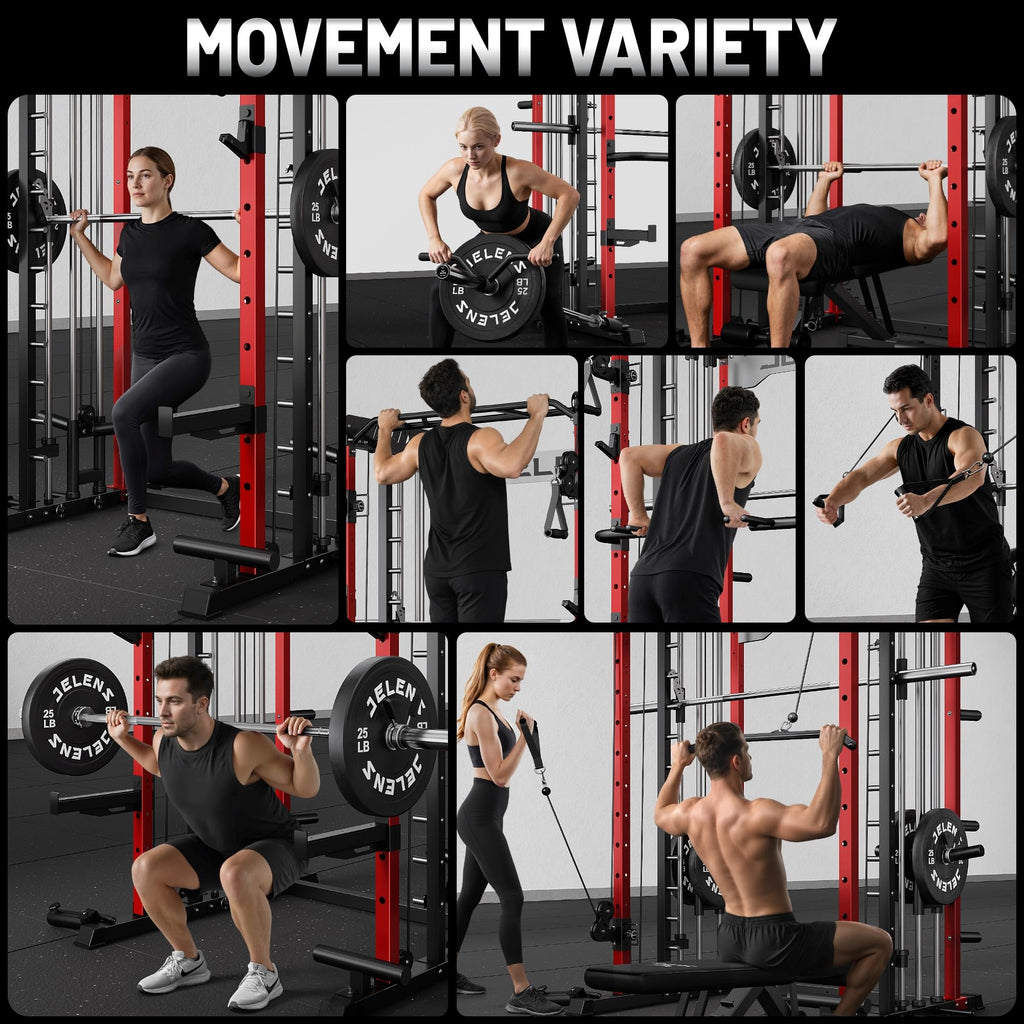 JELENS Smith Machine for Home Gym, Multi-Function M12 Power Cage, Squat Rack with Smith Bar and More Attachment (Red, M12 Smith Machine)