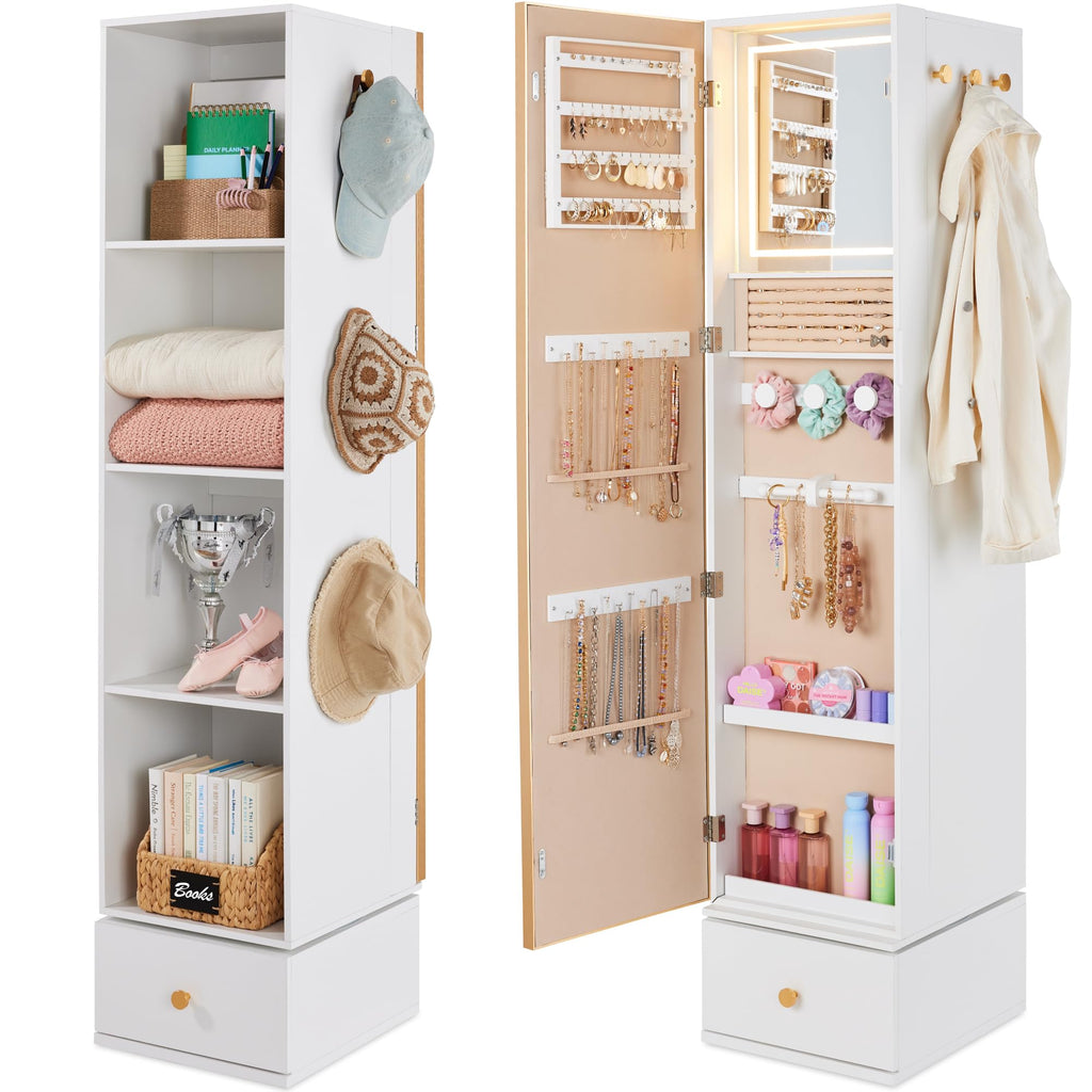 Best Choice Products Rotating Mirror w/Storage Cabinet, 360 Swivel Jewelry Armoire w/Full-Length Mirror, Gold Metal Frame Tower w/Cube Shelves, Built-In Jewelry Organizer & Hook - Gold