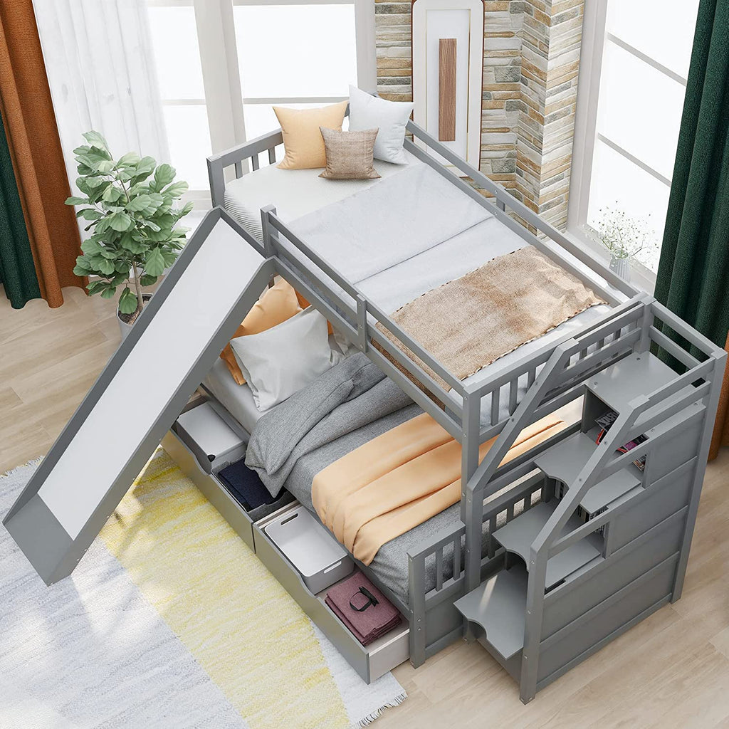 DNYN Full Size Loft Bed with Desk & Shelves & Ladder for Kids/Adults,Solid Wood Bedframe,High Loftbed with Safety Guardrails,Space Saving Design & No Box Spring Needed,79.3"×58.5"×65.4", Gray