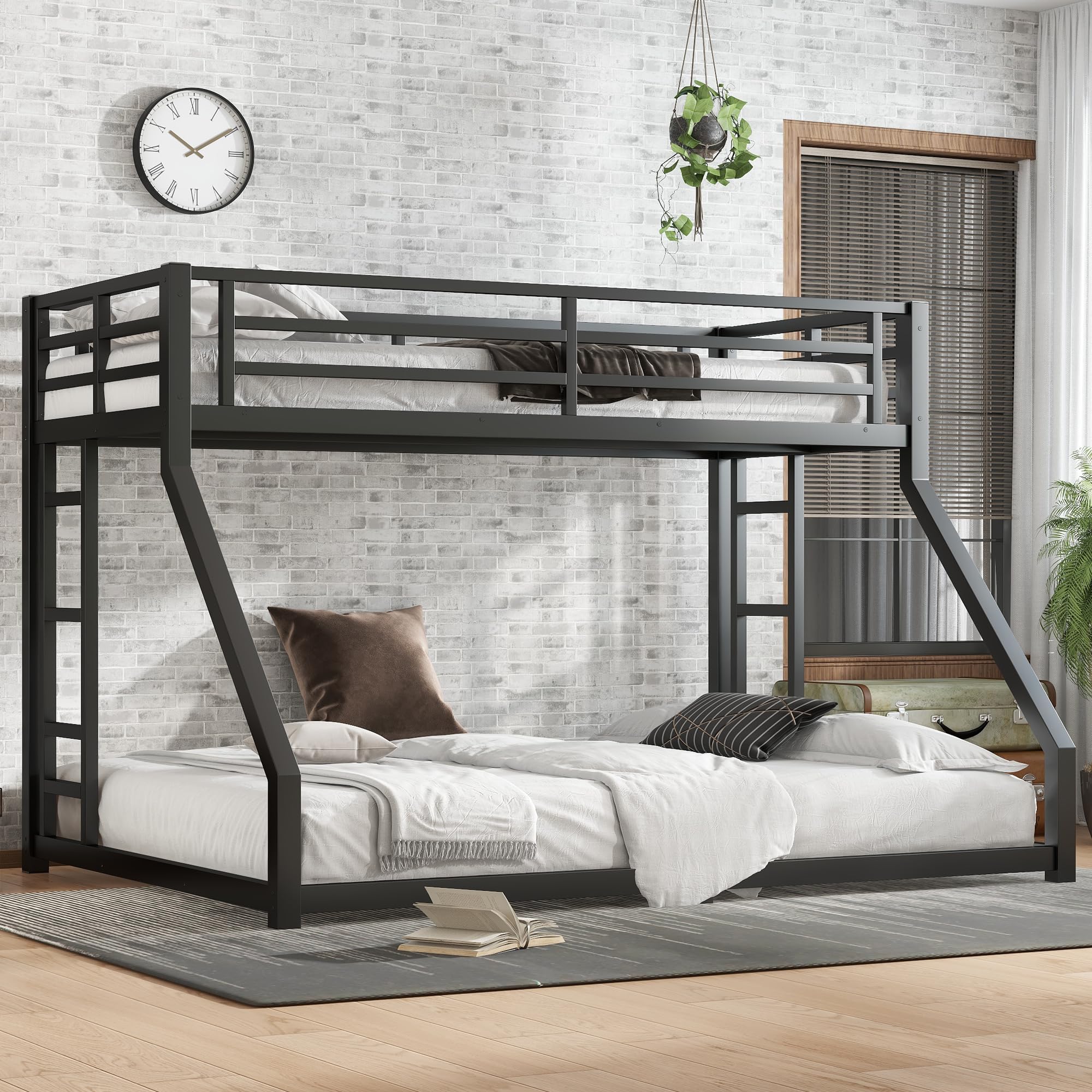 KEIKI Twin XL Over Queen Bunk Bed Metal Frame, Heavy Duty Bunk Bed with Ladder & Safety Guardrail, Noise Free, No Box Spring Needed, Space Saving Bed for Teens & Adults, Black