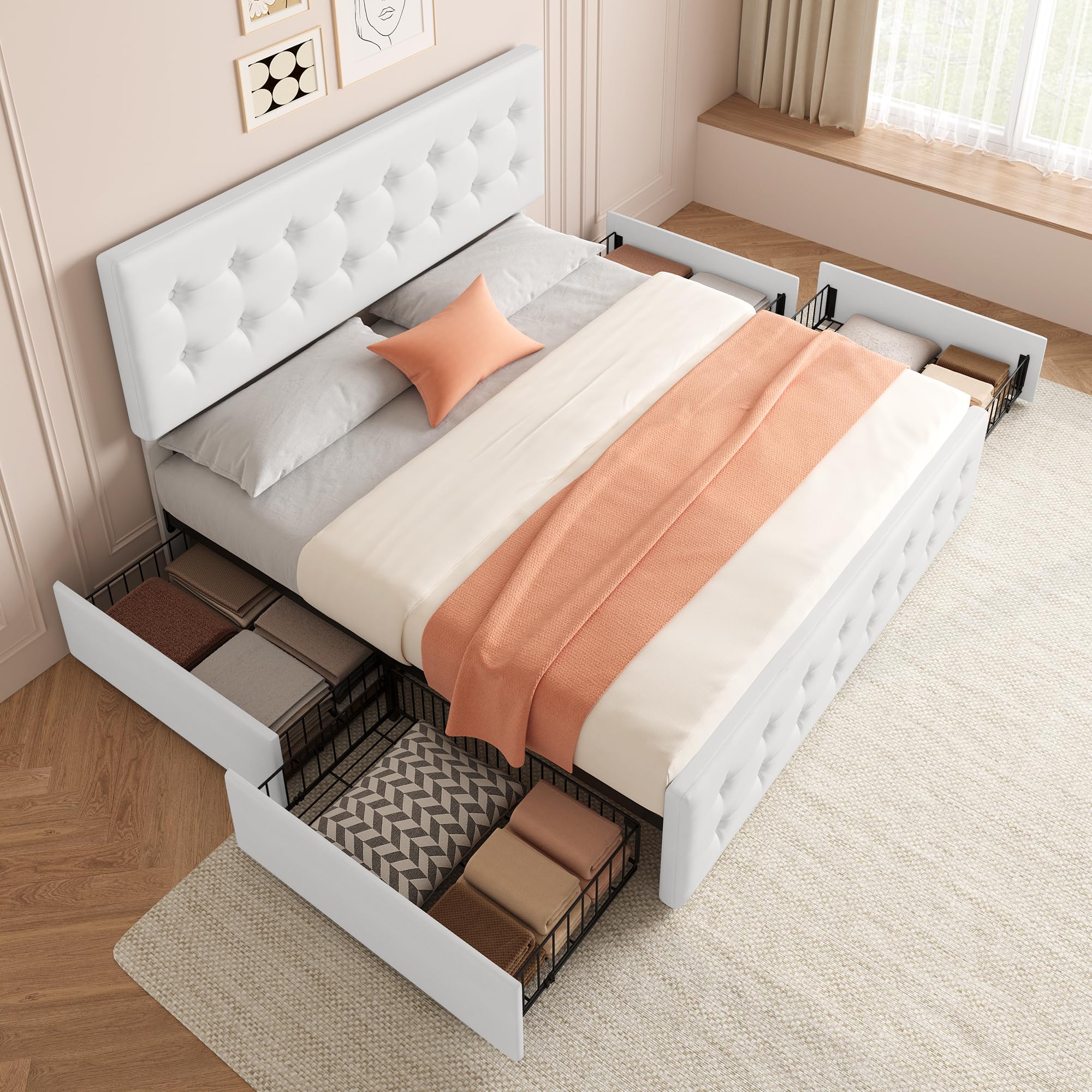 GAOMON King Size Bed Frame with 4 Storage Drawers and Headboard, Faux Leather Upholstered Platform Bed Frame with Wooden Slats Support, Button Tufted Design, No Box Spring Needed, White