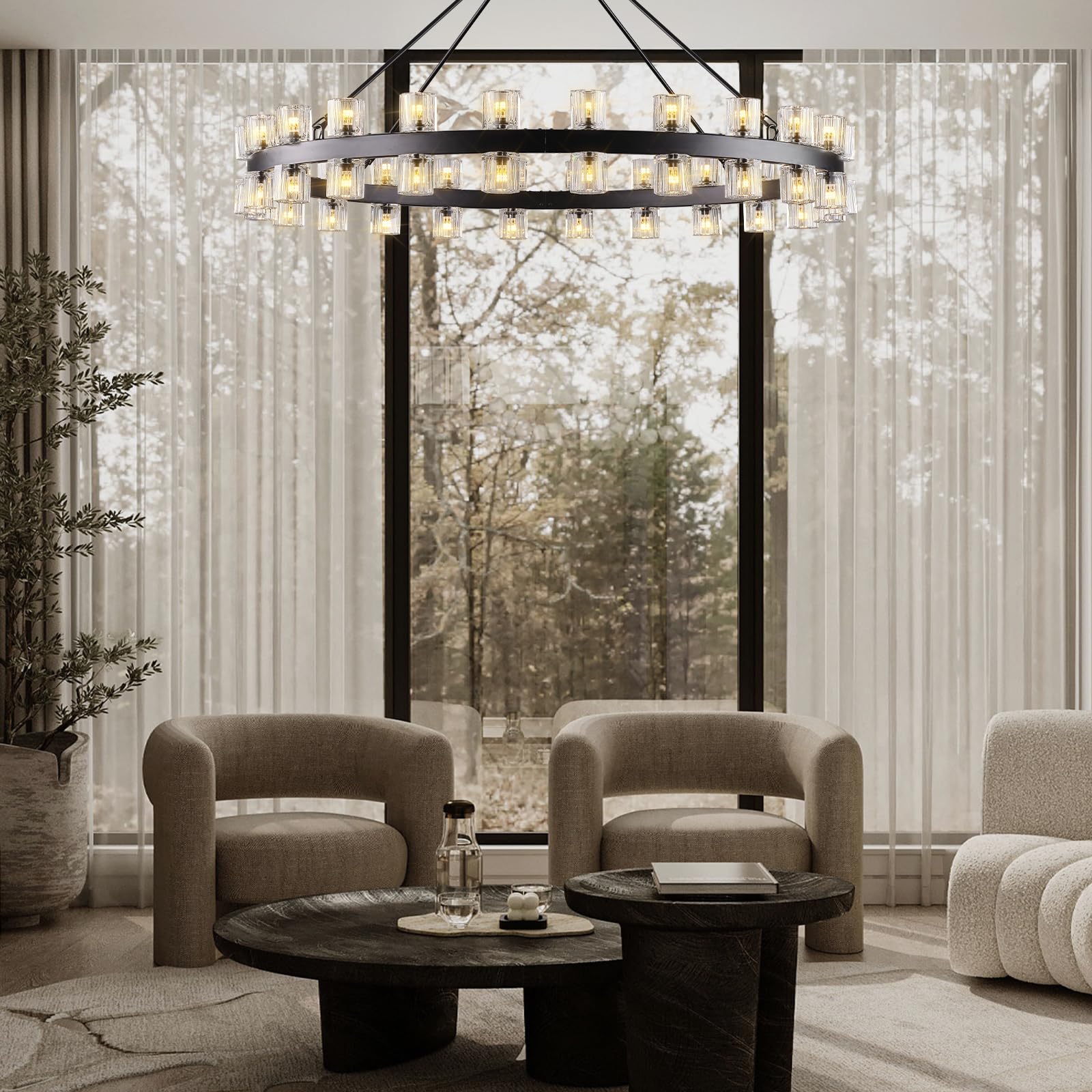 Plsintly 48 Inch Black Wagon Wheel Chandelier with Crystal Shade, Crystal Chandelier, Modern Farmhouse Style, Ideal for Dining Room, Kitchen, Entryways,48 Lights (Bulbs Included)