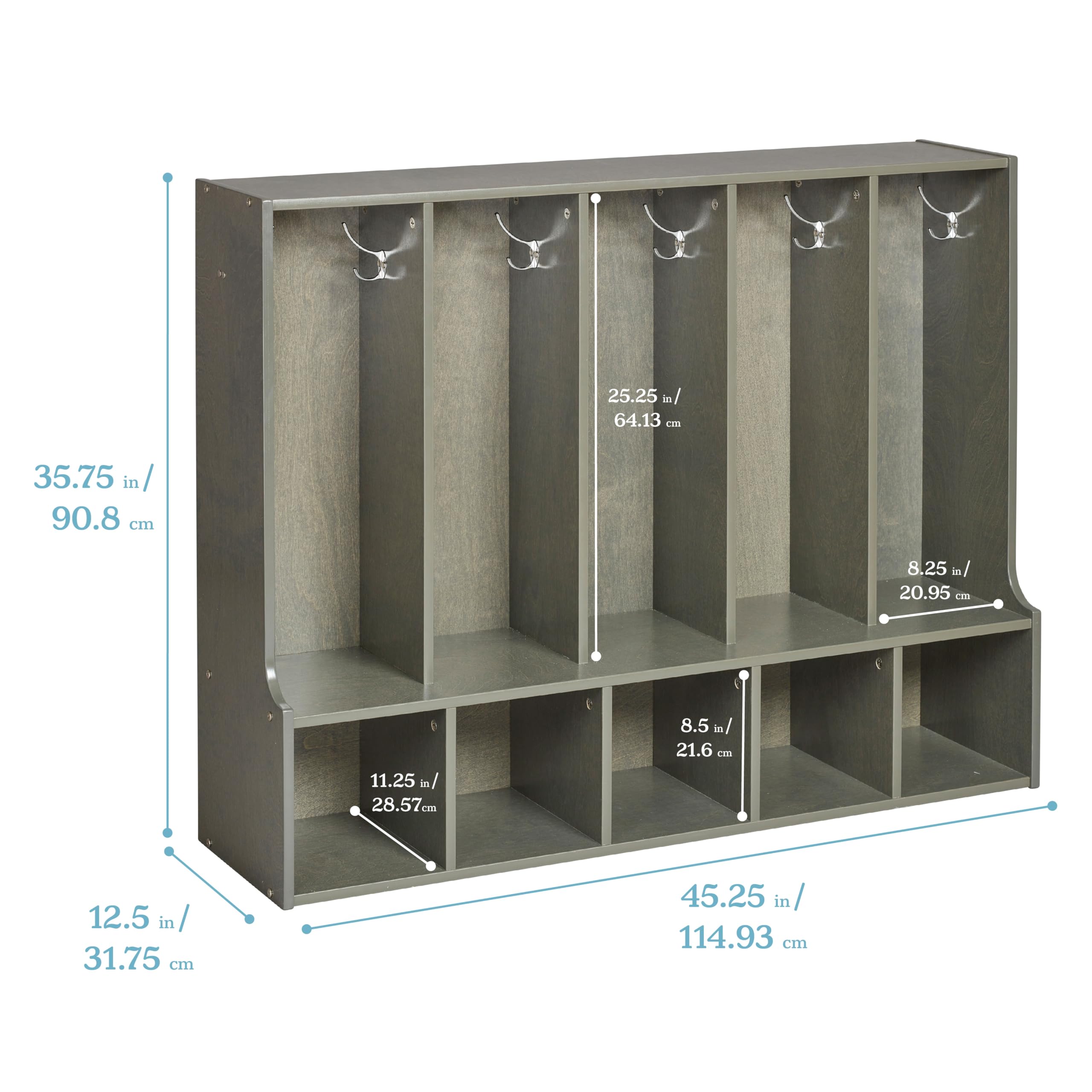 ECR4Kids Streamline 5-Section Toddler Coat Locker with Bench, Classroom Furniture, Grey Wash