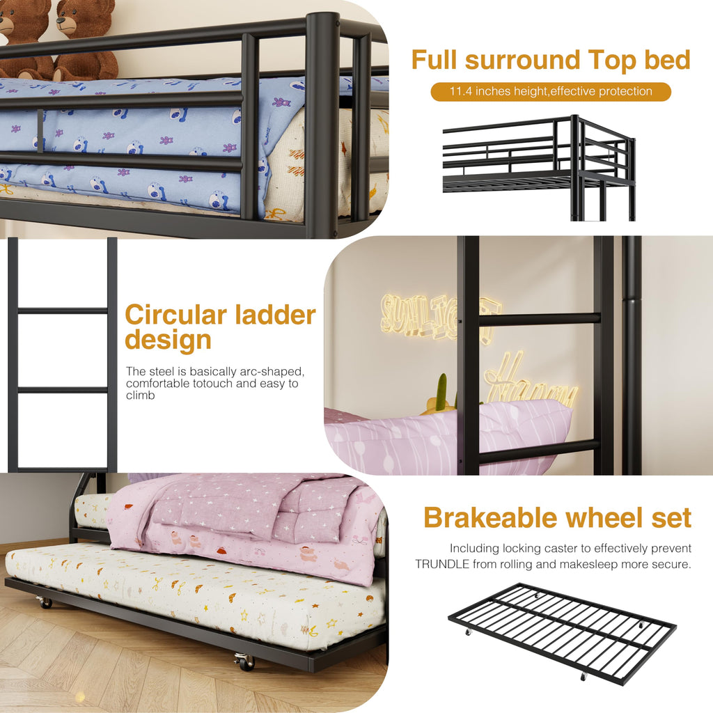 Nuturelly Metal Bunk Bed Twin Over Full with Trundle, Heavy Duty Steel Frame Bunk Bed Frame with Safety Guardrails & Ladder, Space Saving 3 Beds for Kids, Teens, Dorm, Black