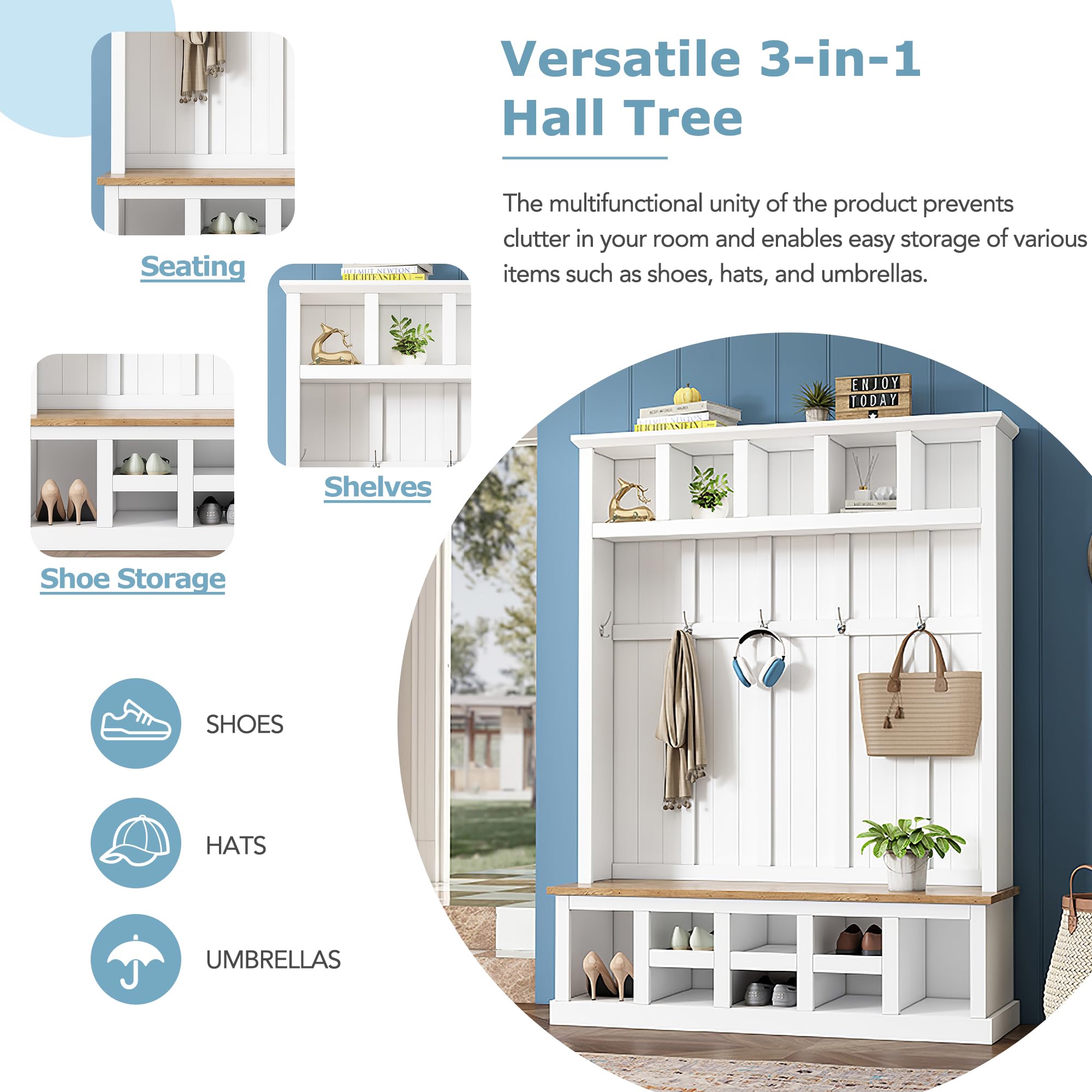 Farmhouse Wood Hall Tree with Bench and Shoe Storage, 5-in-1 Coat Rack with 6 Hooks for Entrance, Hallway White