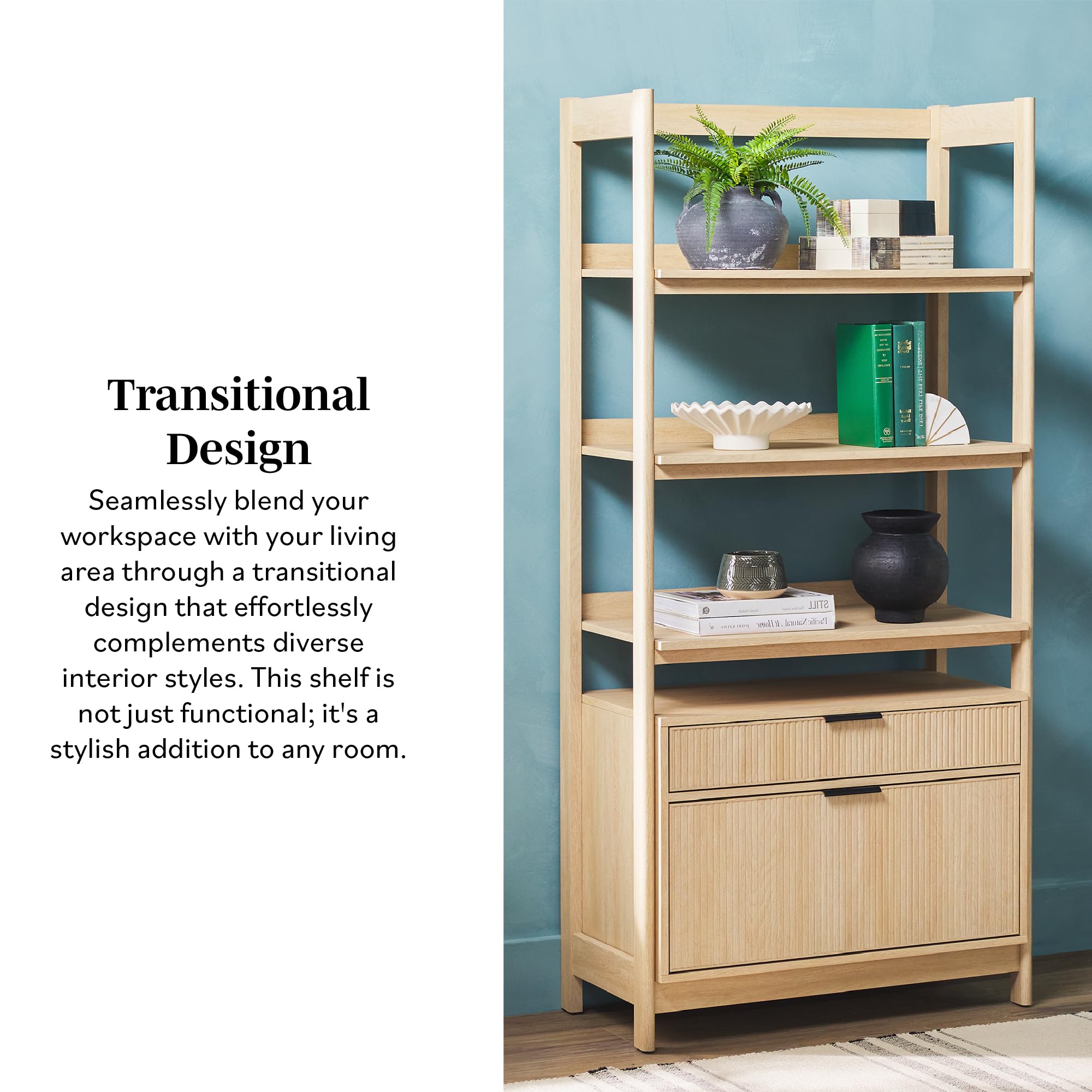 Walker Edison Transitional Open Reeded 4-Shelf Bookshelf with Drawers on Bottom, Versatile Bookcase with Bottom Storage for Home Office, Living Room, Bedroom, 33”W x 16.75”D x 70”H, Coastal Oak