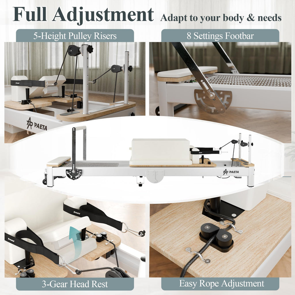PAETA Pilates Reformer, 92” Aluminum Reformer Pilates Machine, Foldable Pilates Machine Equipment, with Music Wire Springs and Jump Boards, Cream White