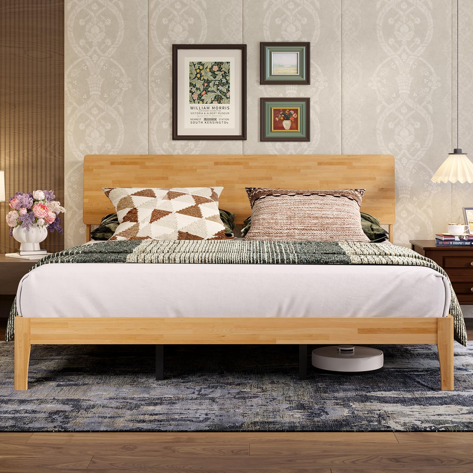 Novilla King Size Bed Frame with 3-Level Adjustable Storage Headboard, Solid Wood Platform Bed Frame with Slats, No Box Spring Needed, Noise Free, Natural Finish for Master Bedroom and Guest Room