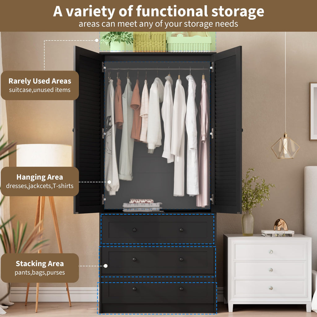GarveeHome Armoire Wardrobe Closet with 3 Drawers, 69.5" Wooden Wardrobe Cabinet, Hanging Rod, 2 Doors Clothing Storage Cabinet for Bedroom, Large Capacity Storage, Louvered Door, Black
