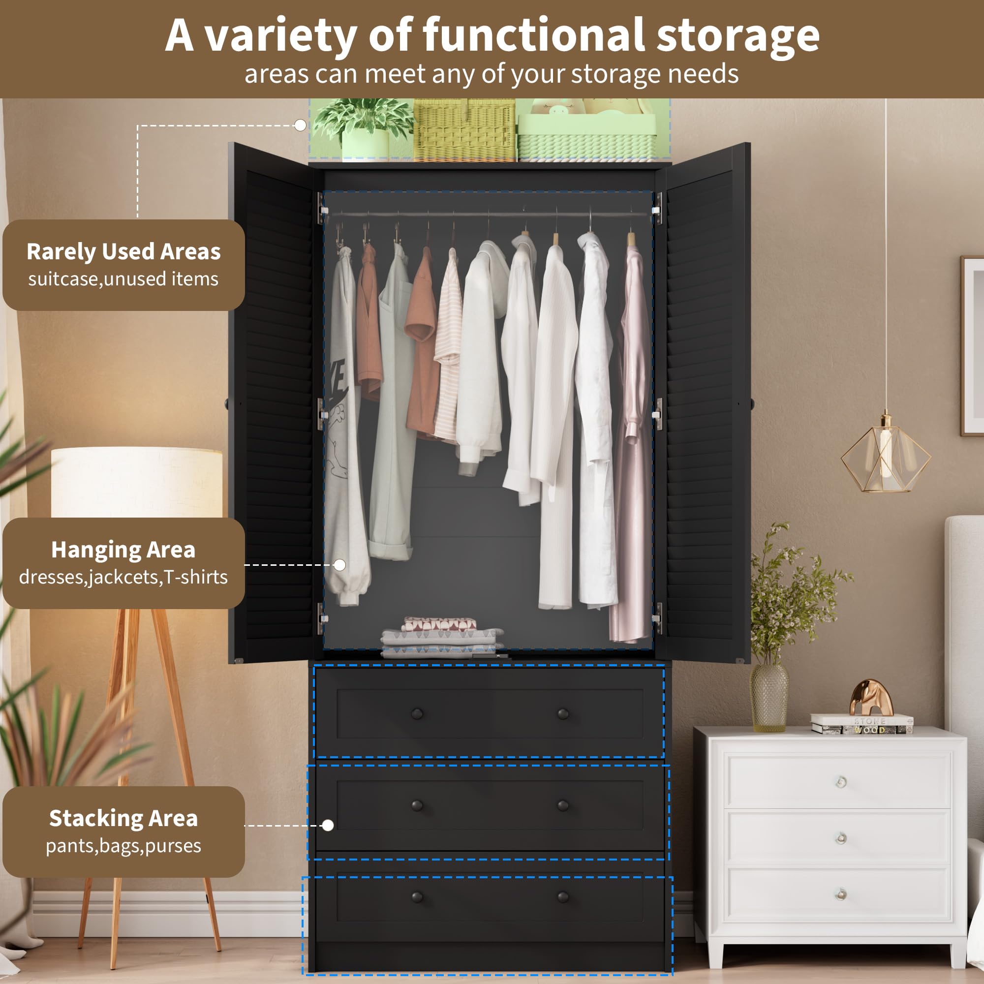 GarveeHome Armoire Wardrobe Closet with 3 Drawers, 69.5" Wooden Wardrobe Cabinet, Hanging Rod, 2 Doors Clothing Storage Cabinet for Bedroom, Large Capacity Storage, Louvered Door, Black