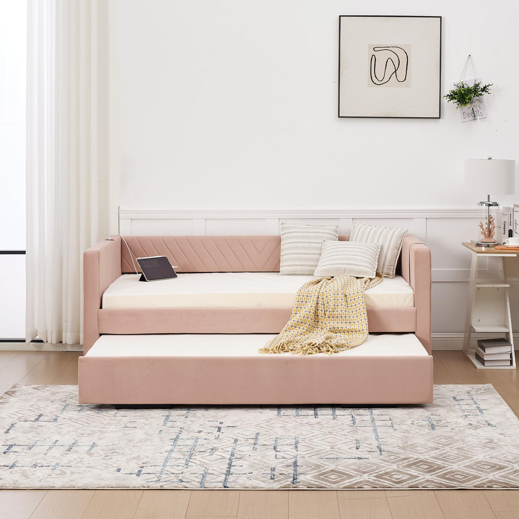DNYN Velvet Daybed with Pop-up Trundle and USB Ports for Bedroom/Guest/Living Room, Space-Saving Twin Size Bed Frame with Side Pockets and V-Grained Backrest Design, No Box Spring Needed
