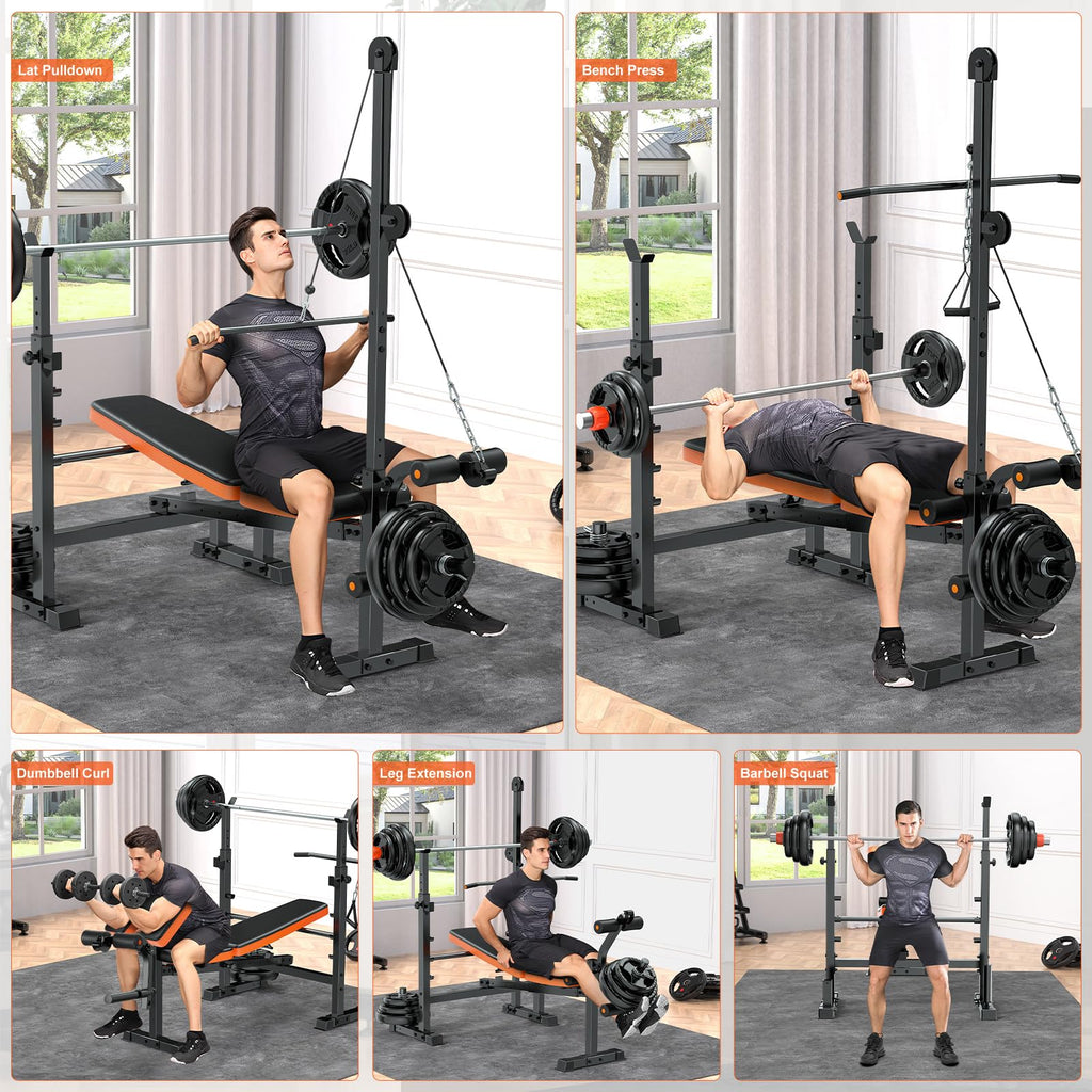 Fostoy 8-in-1 Adjustable Olympic Weight Bench with Lat Pulldown, Row, Squat Rack & Leg Curl – MultiFunction Strength Training Bench Press for Adjustable Seat for Home Gym(8in1 Olympic Weight Bench)