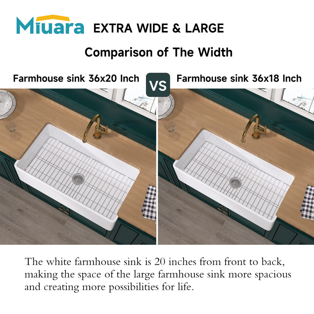 Miuara Farmhouse Sink 36 Inch - Extra Large Apron Front Kitchen Sink Reversible 36"x20"x10", Undermount, Farm House Style Deep Single Bowl, Heavy Duty Solid Fireclay, Glossy White, for Kitchen