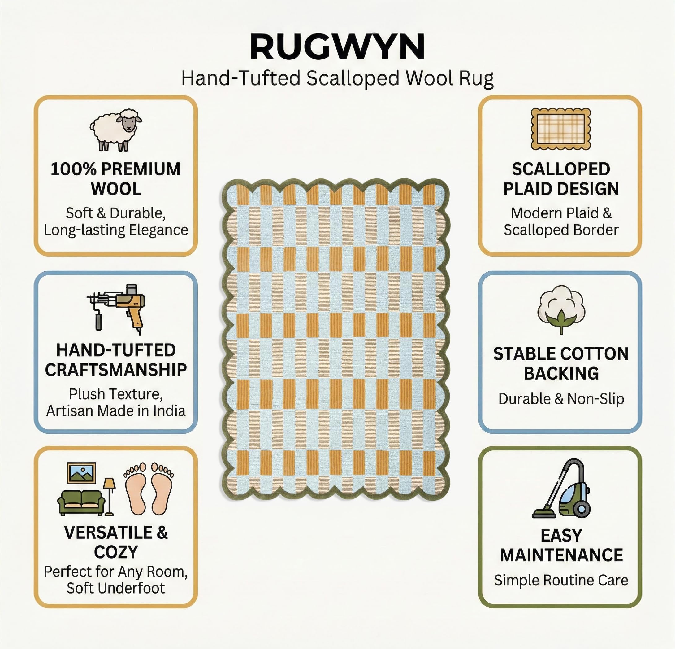 RUGWYN Hand-Tufted Scalloped Wool Area Rug, Modern Plaid Checkered Pattern, Soft & Durable Cozy Accent Rug for Living Room, Bedroom & Nursery, Handmade Decorative Floor Carpet (Light Blue, 8' x 10')