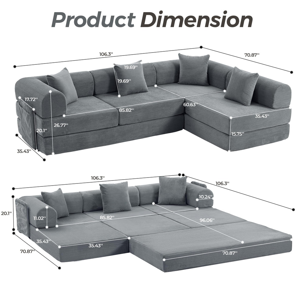 Trygoal 106.3" Oversized Convertible Sleeper Sofa Bed, L Shape Modular Sectional Cloud Sofa with Fixed-Shape Frame, Boneless Couch with Storage Pocket for Living Room, No Assembly Required, Gray