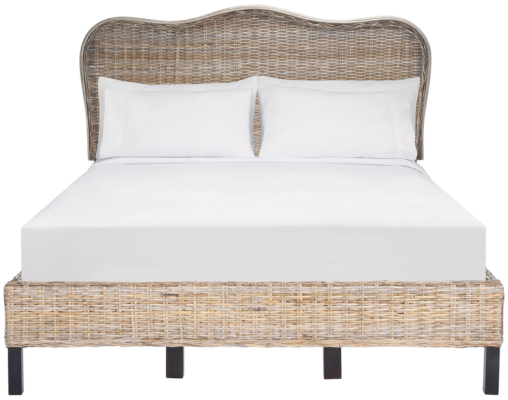 SAFAVIEH Home Collection Daejon Coastal Rattan Legs Camelback Headboard Full Size Bed BED8001A-F, Grey/Espresso