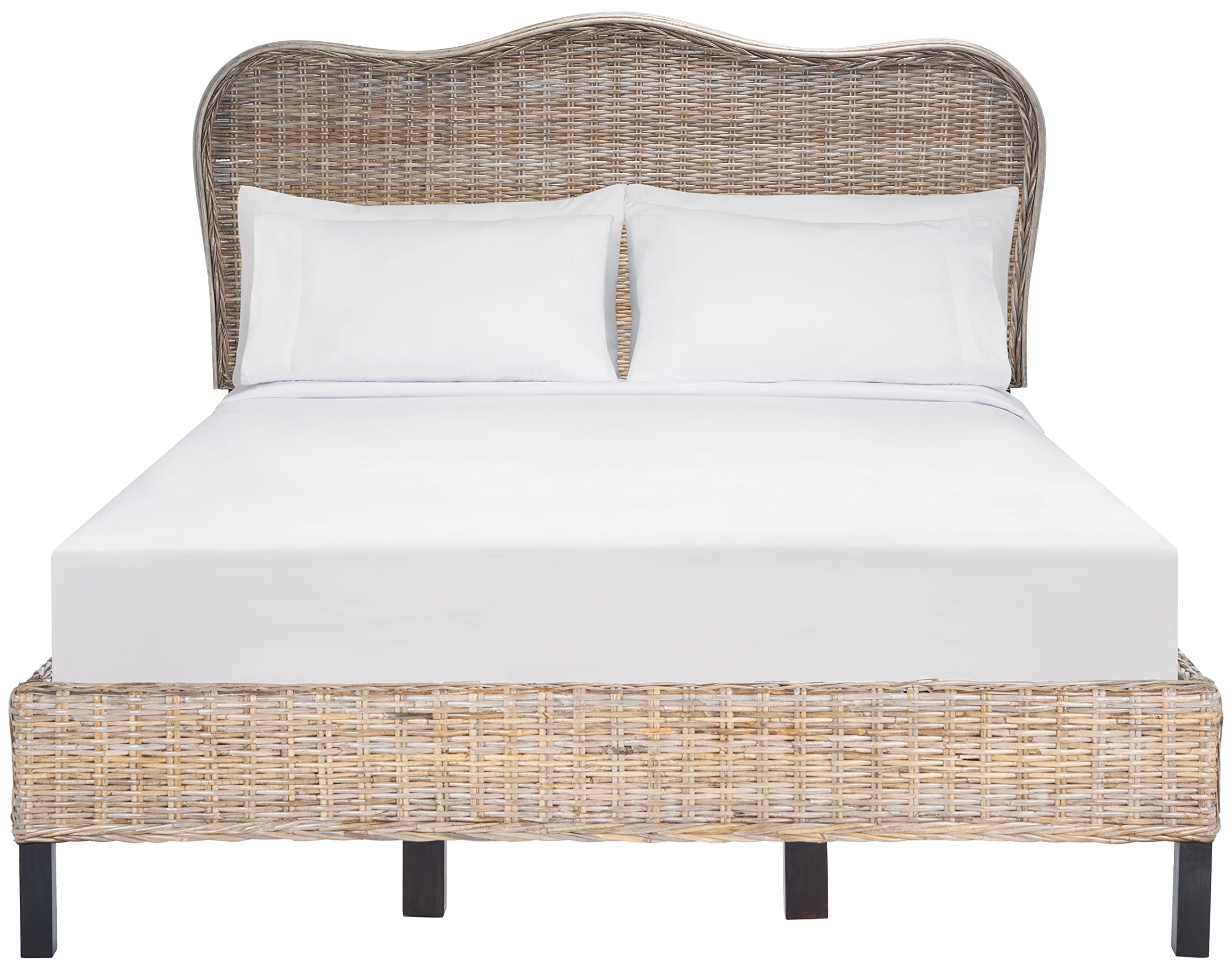 SAFAVIEH Home Collection Daejon Coastal Rattan Legs Camelback Headboard Full Size Bed BED8001A-F, Grey/Espresso