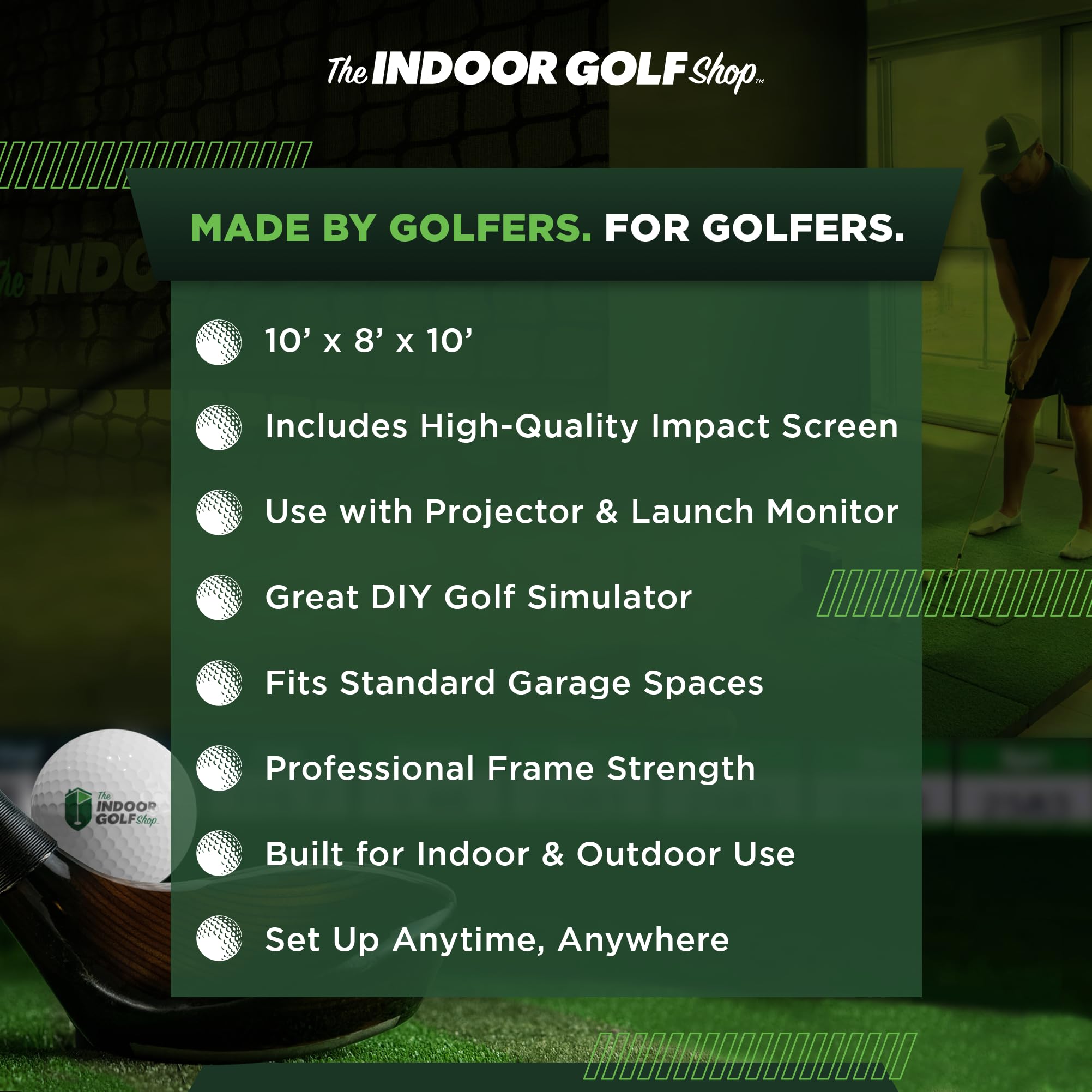 The Indoor Golf Shop - Golf Net 10' x 8' with Impact Screen Knotless Golf Hitting Net with Simulator Screen for Indoor and Outdoor Practice - Arrives Ready to Assemble and Use